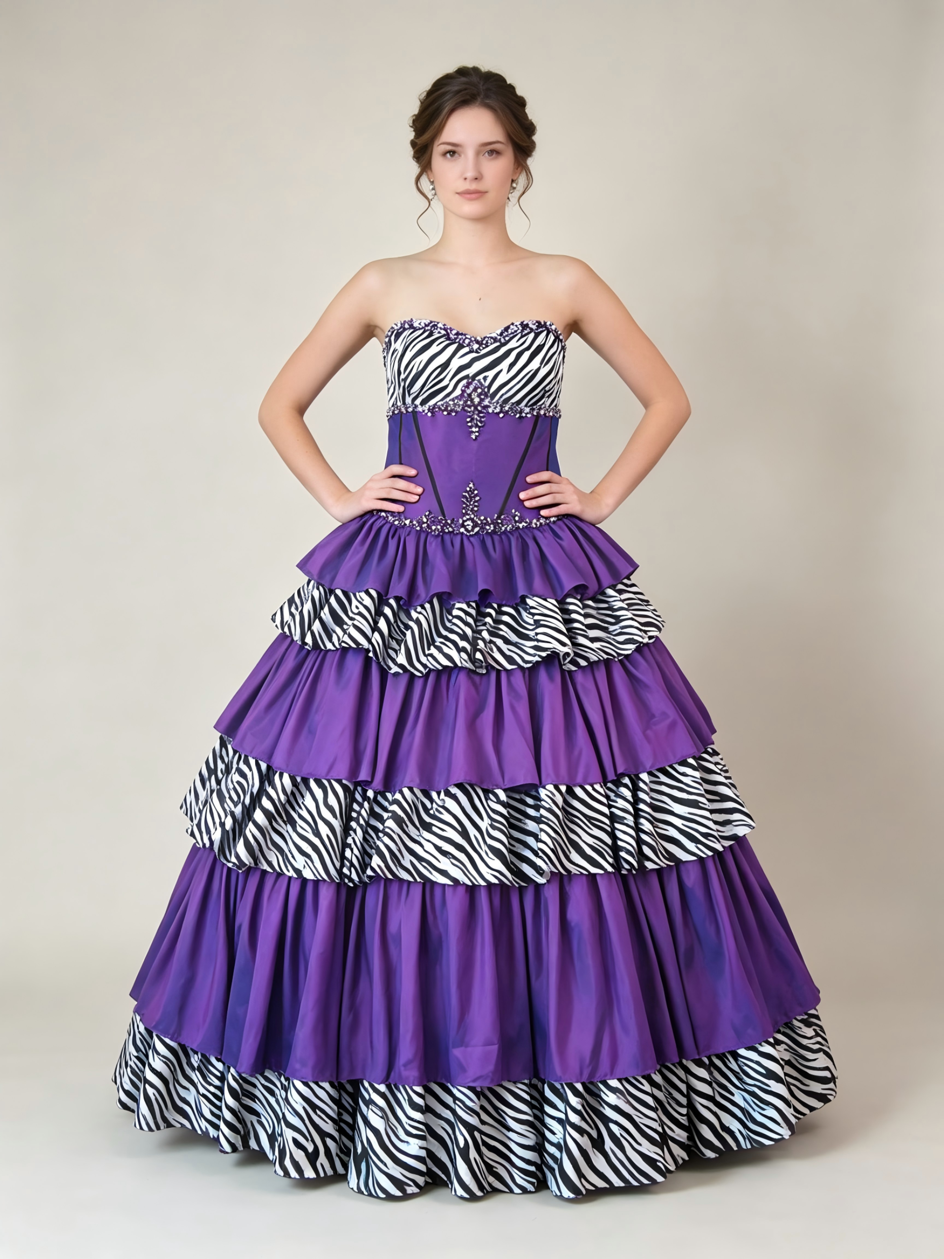 Purple Zebra Print Quinceanera Ball Gown | Strapless Tiered Beaded Dress for Sweet 16 & Prom