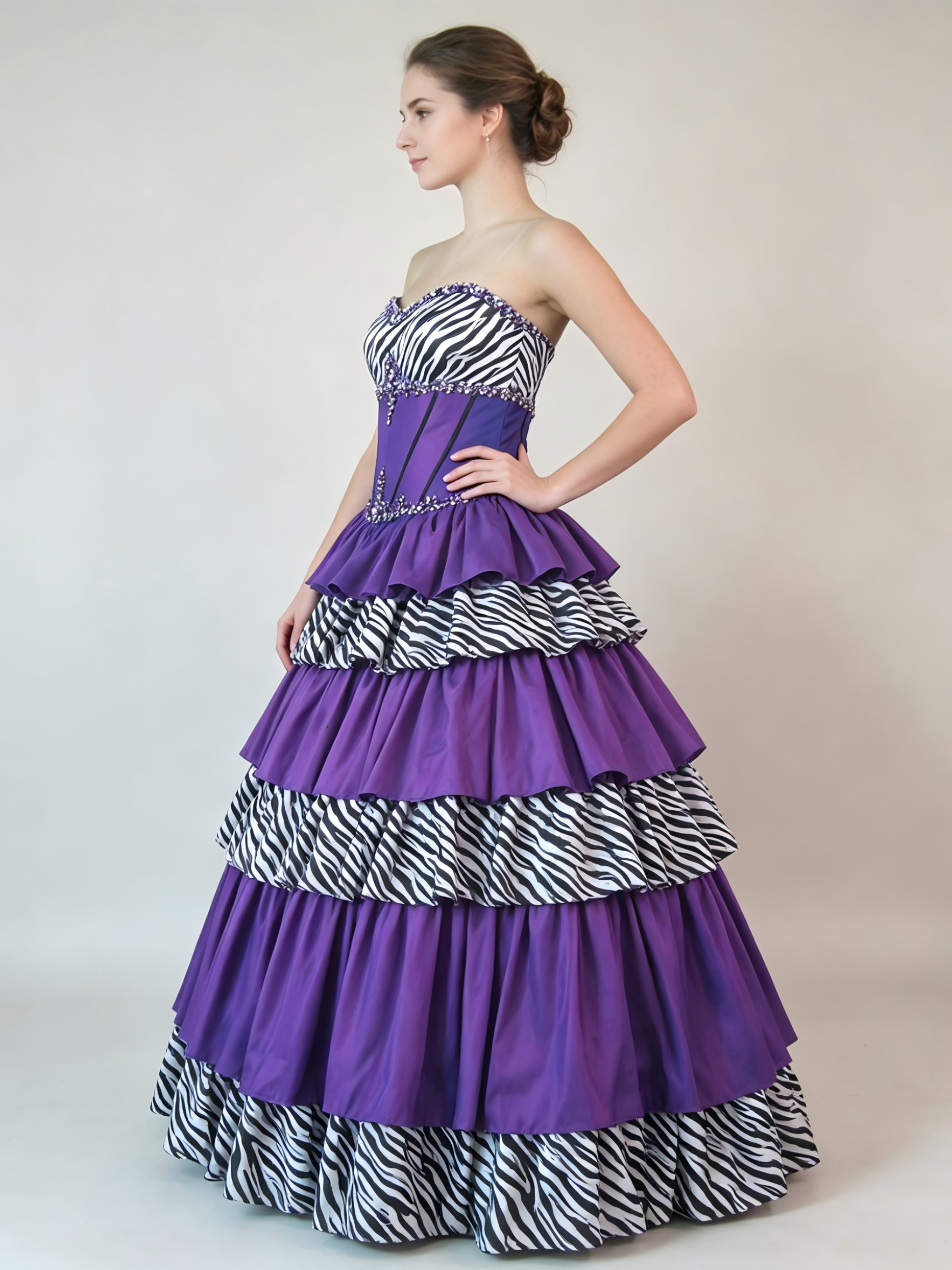Purple Zebra Print Quinceanera Ball Gown | Strapless Tiered Beaded Dress for Sweet 16 & Prom