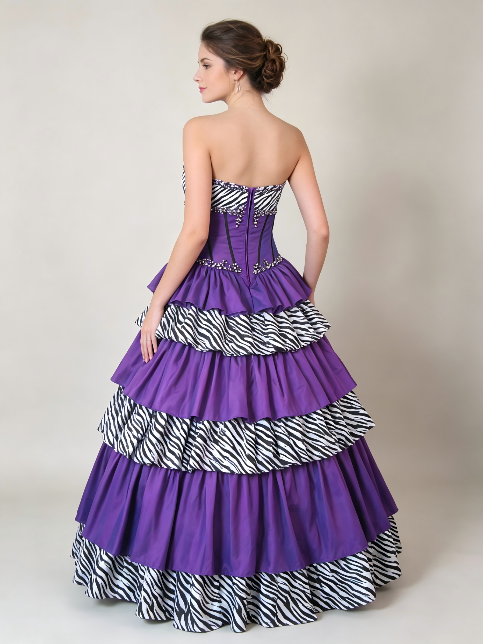 Purple Zebra Print Quinceanera Ball Gown | Strapless Tiered Beaded Dress for Sweet 16 & Prom