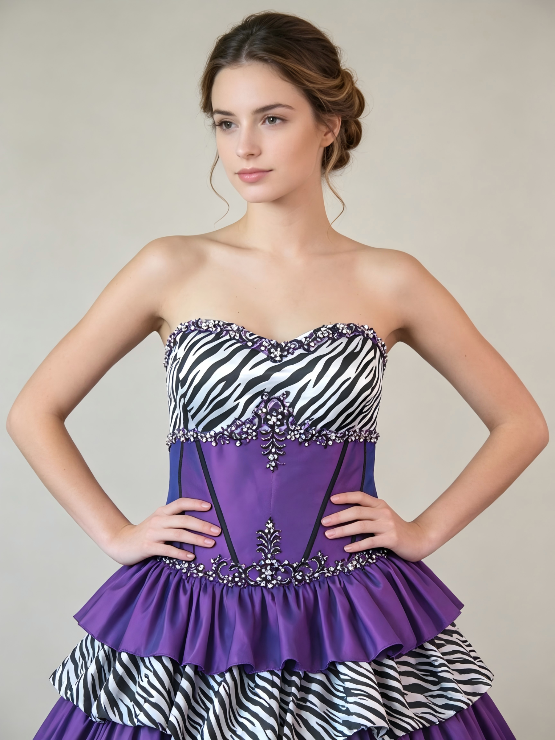 Purple Zebra Print Quinceanera Ball Gown | Strapless Tiered Beaded Dress for Sweet 16 & Prom