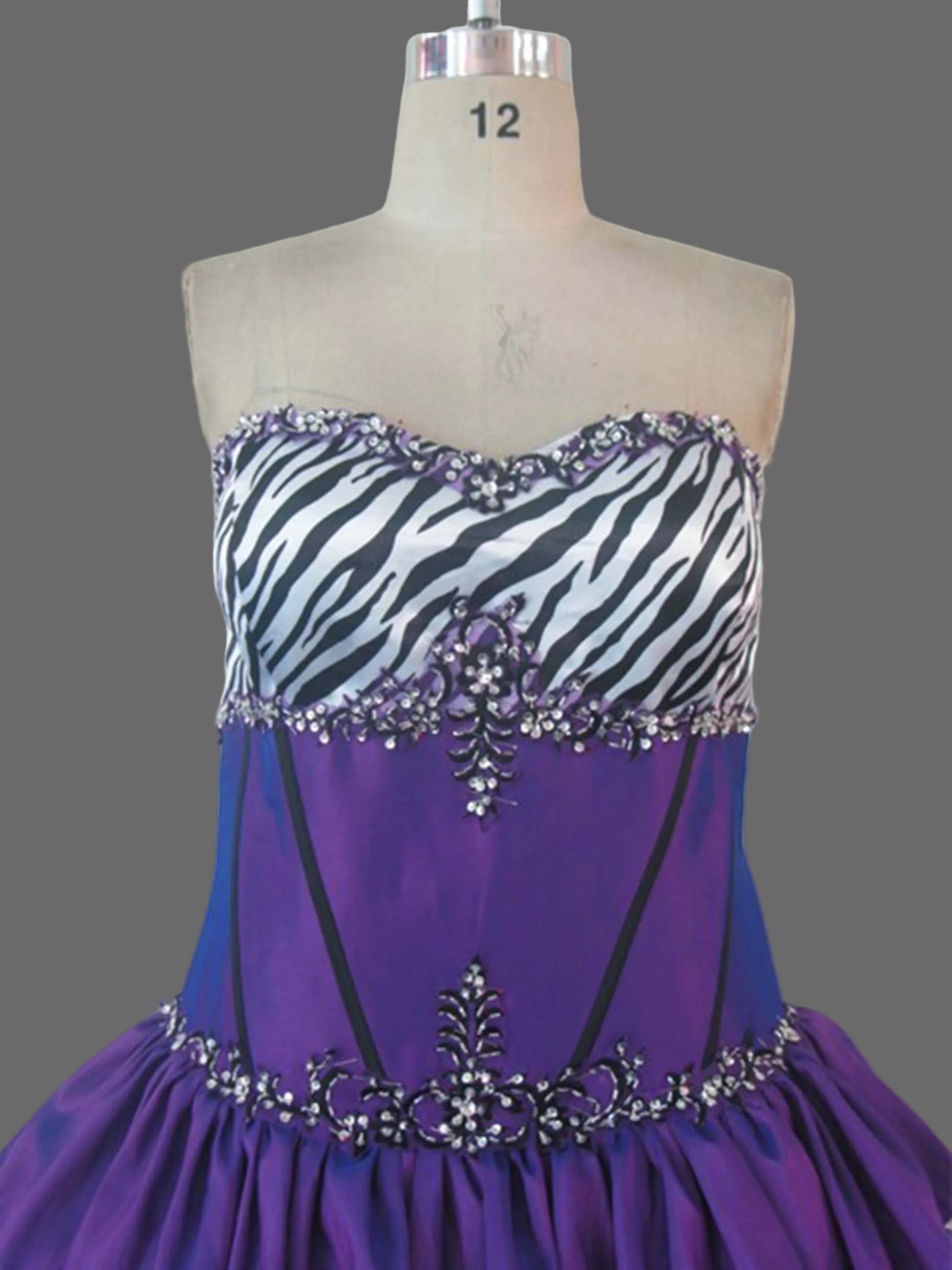 Purple Zebra Print Quinceanera Ball Gown | Strapless Tiered Beaded Dress for Sweet 16 & Prom