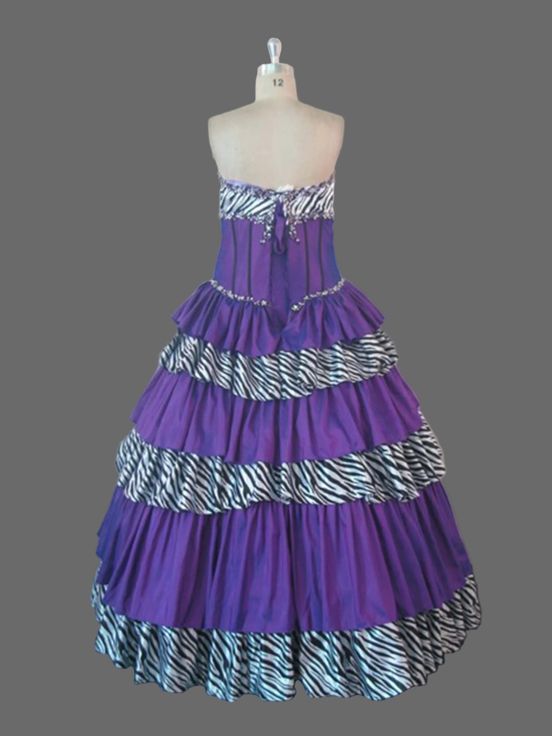 Purple Zebra Print Quinceanera Ball Gown | Strapless Tiered Beaded Dress for Sweet 16 & Prom