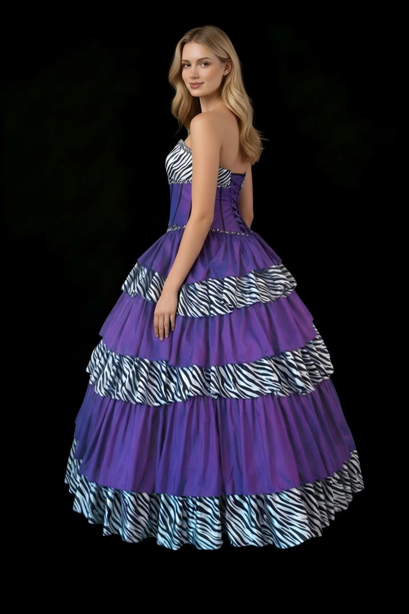 Purple Zebra Print Quinceanera Ball Gown | Strapless Tiered Beaded Dress for Sweet 16 & Prom