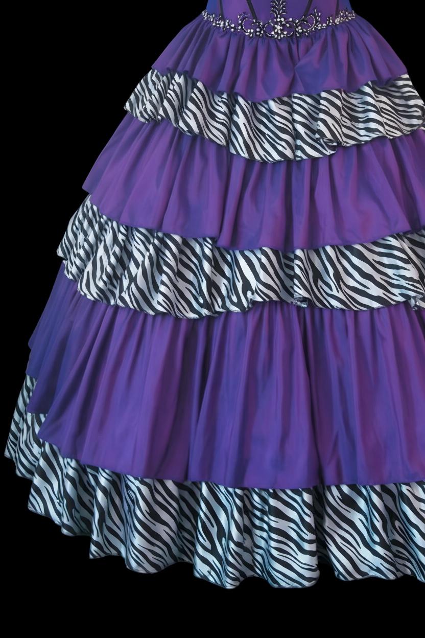 Purple Zebra Print Quinceanera Ball Gown | Strapless Tiered Beaded Dress for Sweet 16 & Prom