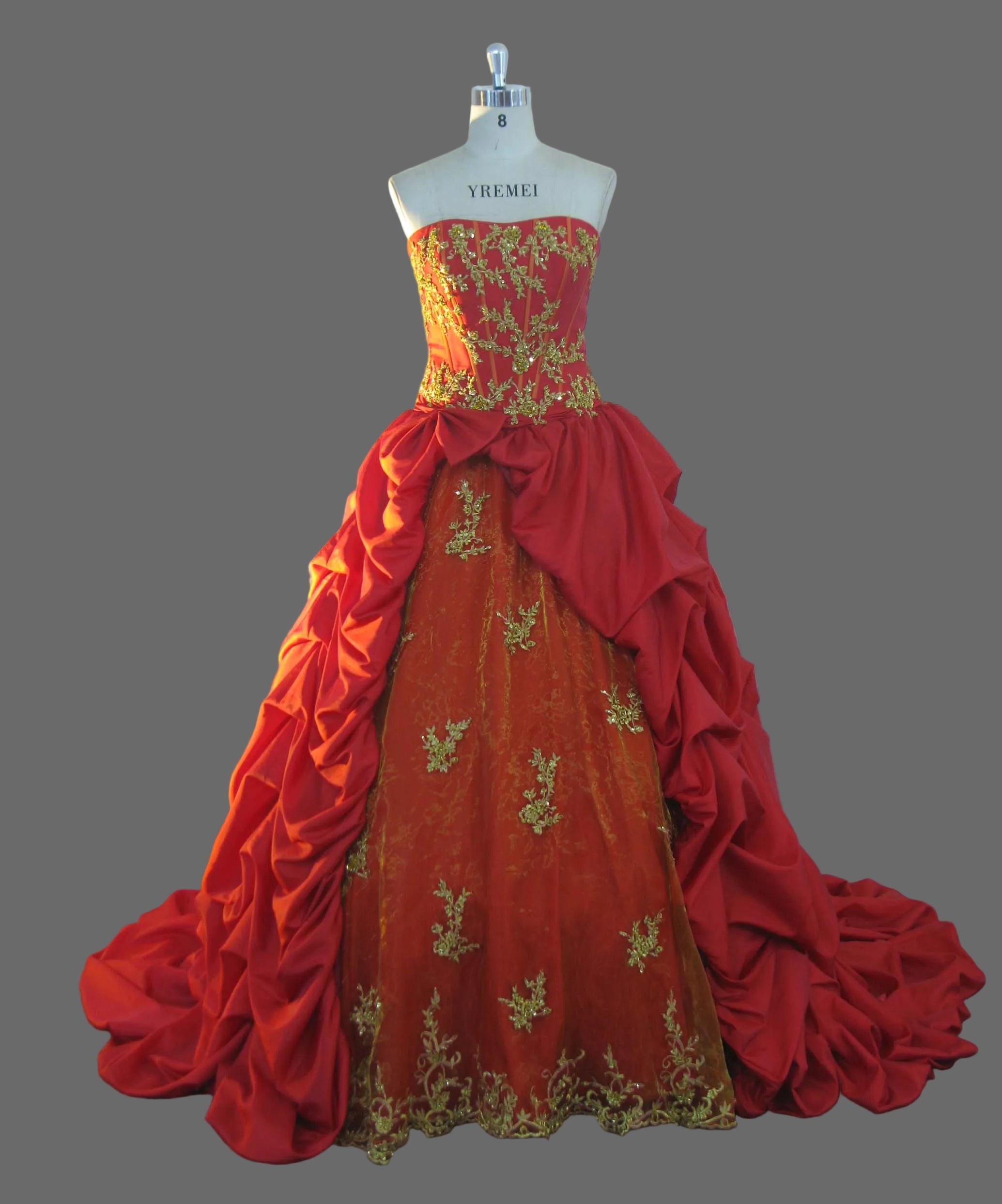 Red and Gold Ball Gown Wedding Dress Strapless Gold Lace Applique Taffeta Pick-Up Skirt Bridal Quinceanera Formal Gown with Train