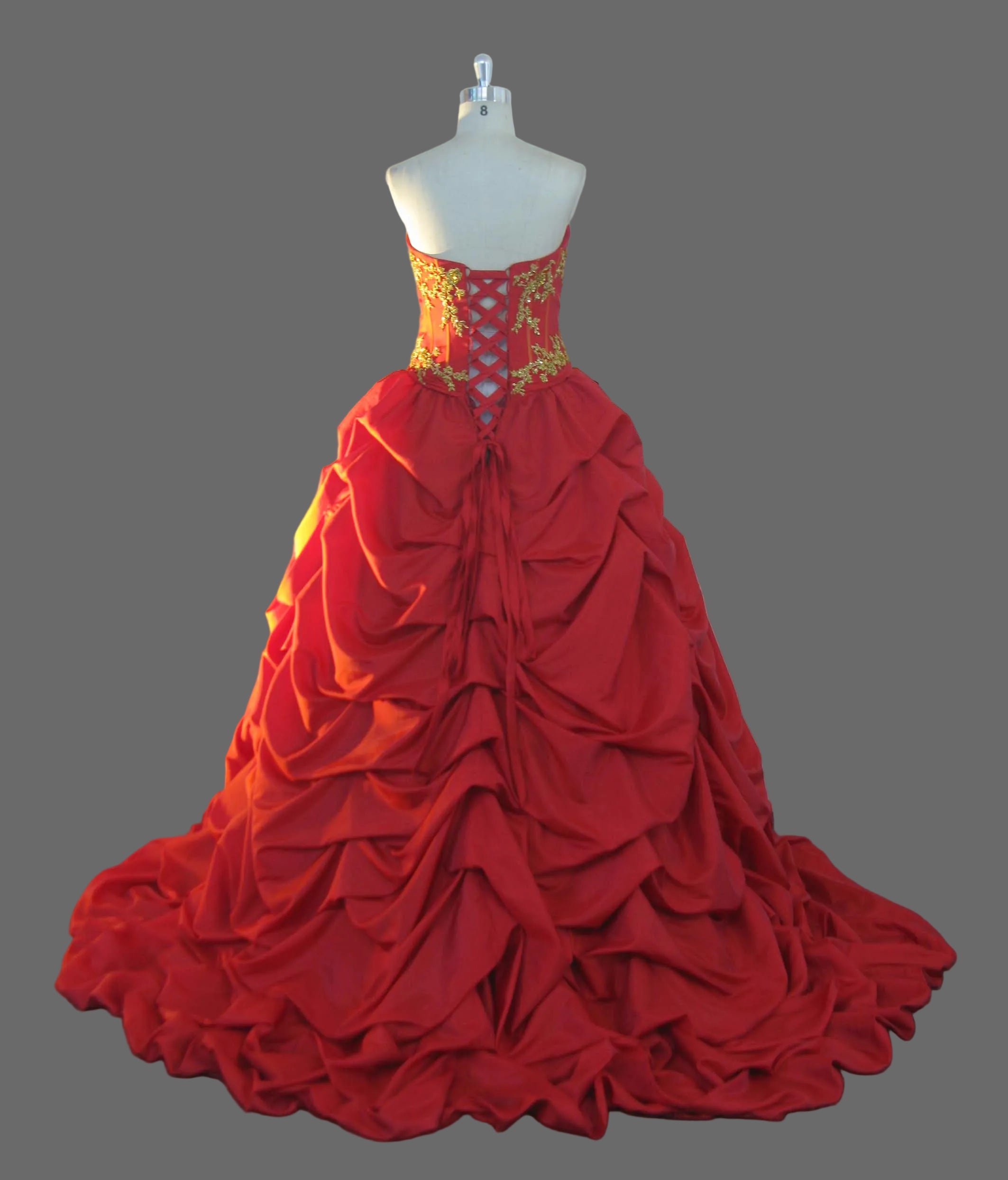Red and Gold Ball Gown Wedding Dress Strapless Gold Lace Applique Taffeta Pick-Up Skirt Bridal Quinceanera Formal Gown with Train