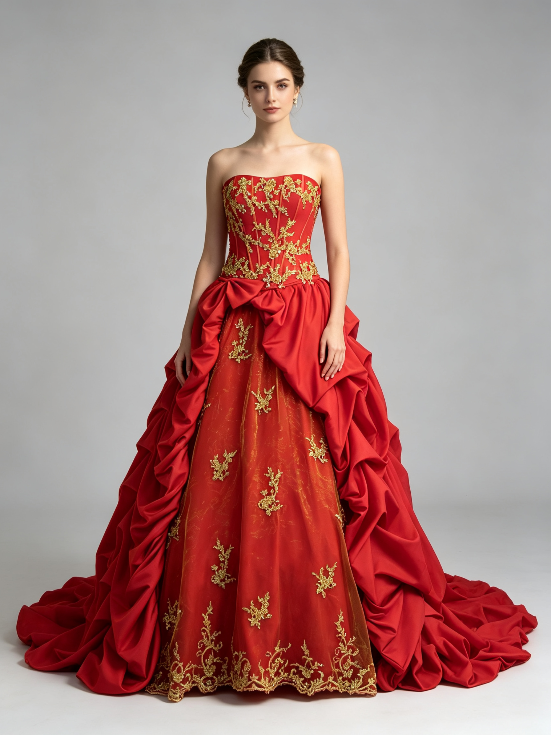Red and Gold Ball Gown Wedding Dress Strapless Gold Lace Applique Taffeta Pick-Up Skirt Bridal Quinceanera Formal Gown with Train