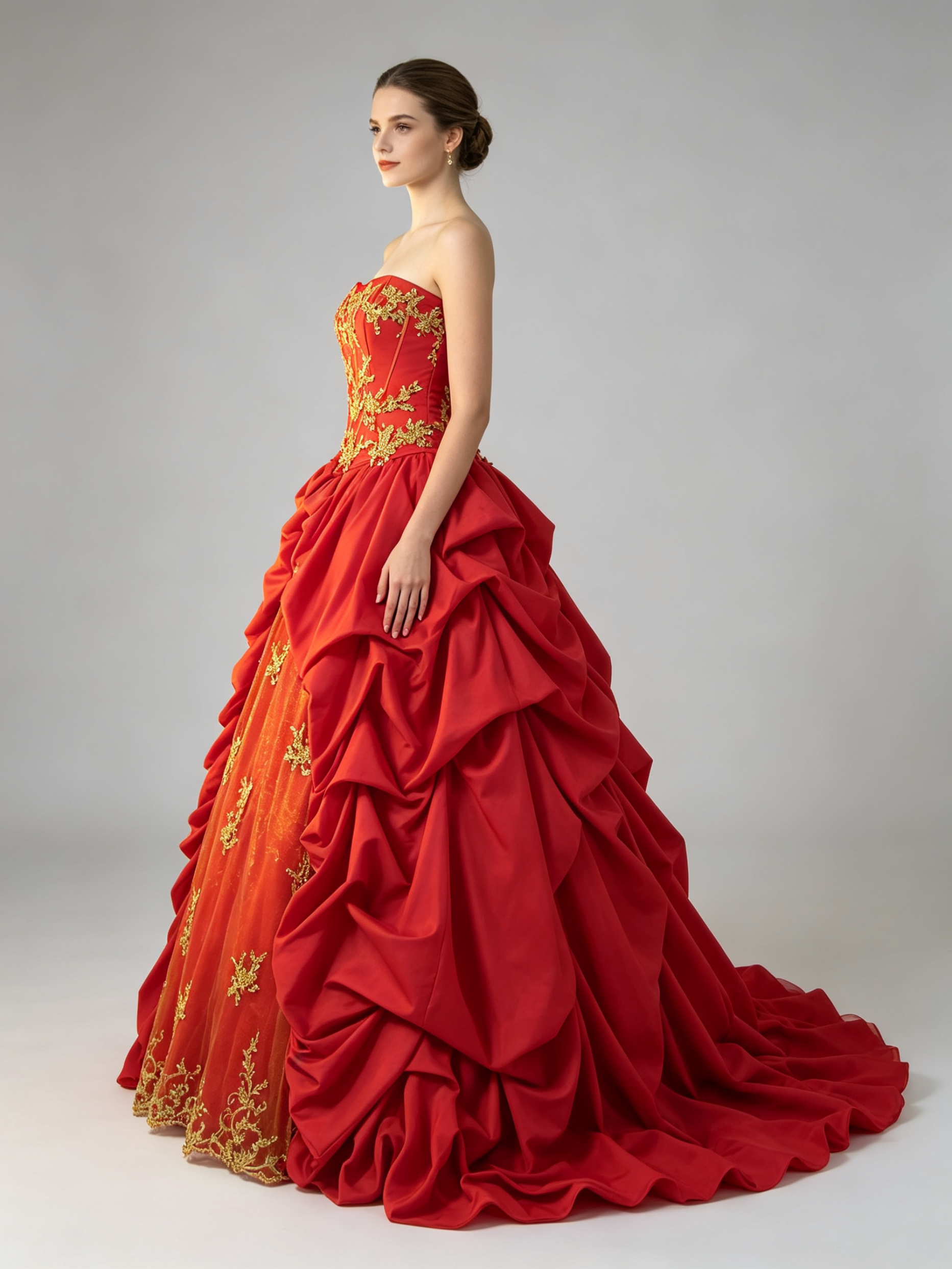 Red and Gold Ball Gown Wedding Dress Strapless Gold Lace Applique Taffeta Pick-Up Skirt Bridal Quinceanera Formal Gown with Train