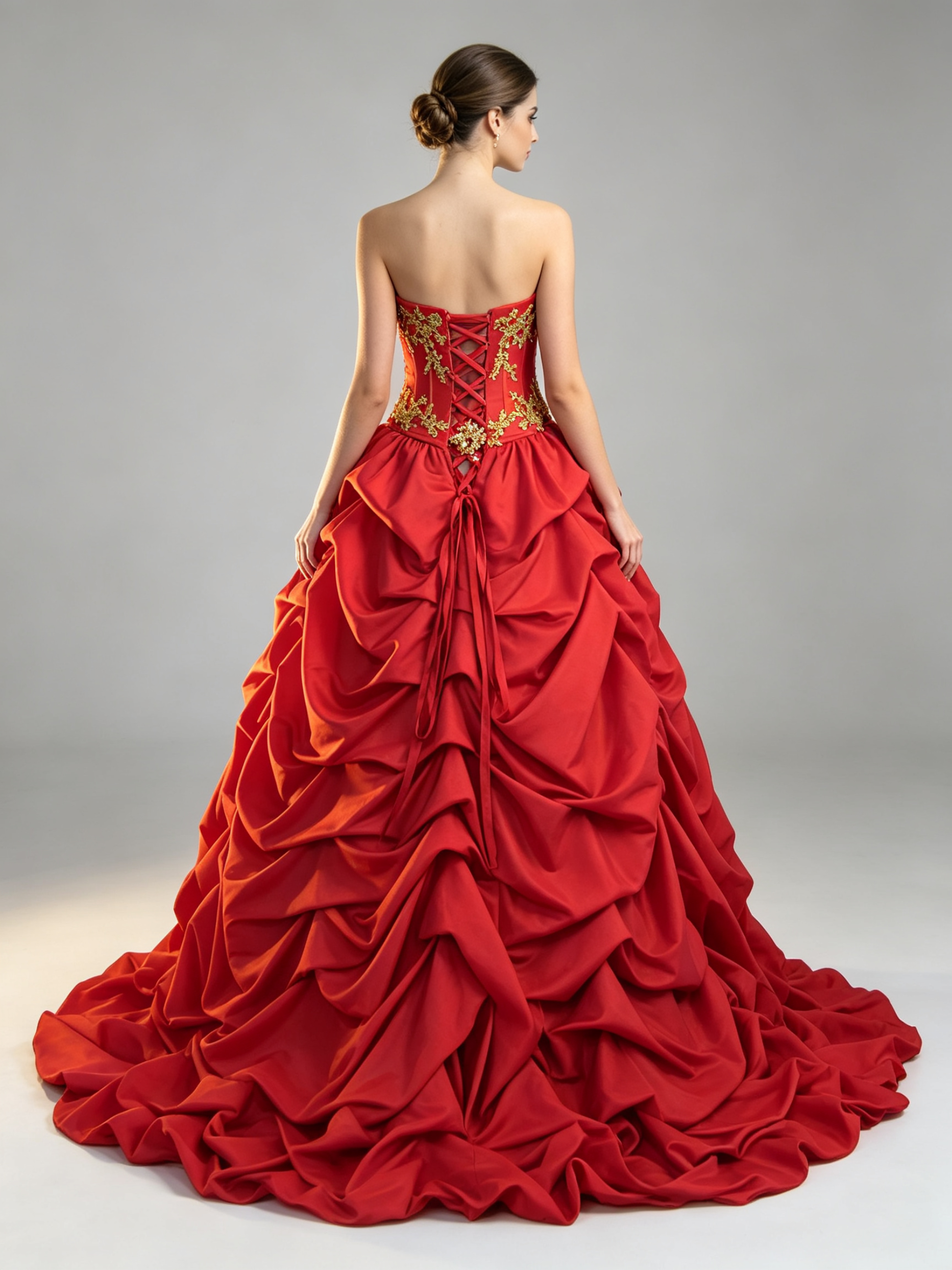 Red and Gold Ball Gown Wedding Dress Strapless Gold Lace Applique Taffeta Pick-Up Skirt Bridal Quinceanera Formal Gown with Train