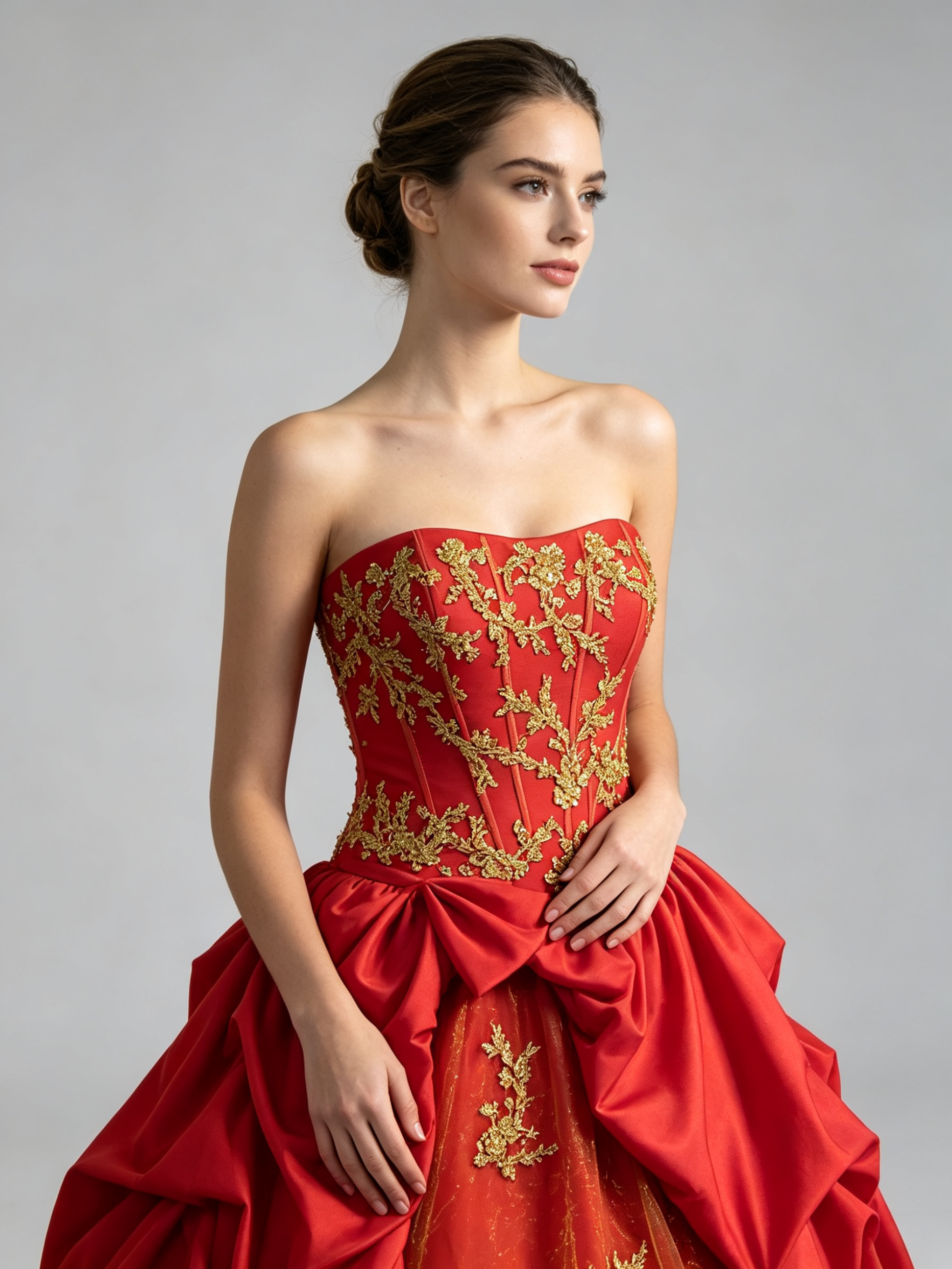 Red and Gold Ball Gown Wedding Dress Strapless Gold Lace Applique Taffeta Pick-Up Skirt Bridal Quinceanera Formal Gown with Train