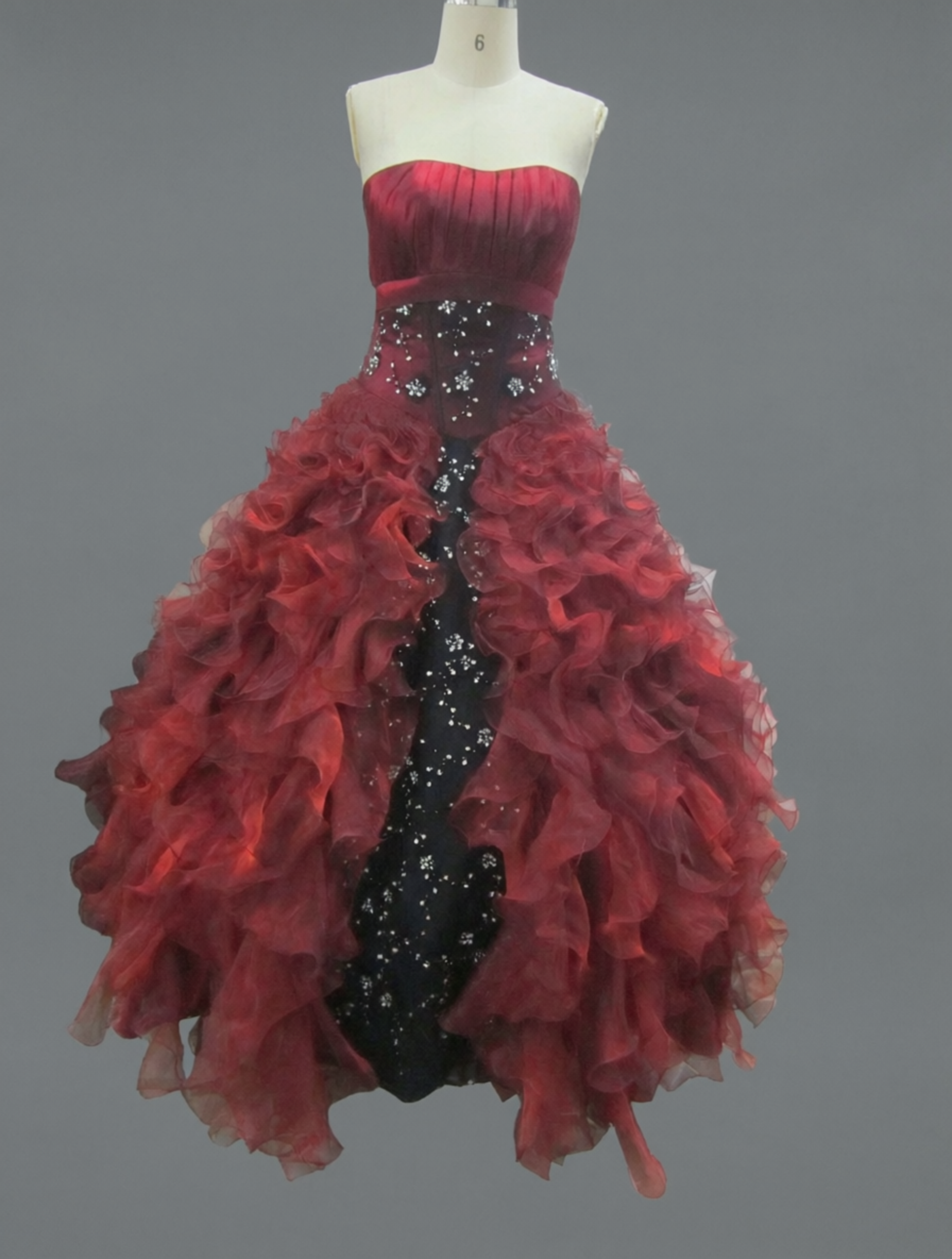 Red & Black Quinceanera Ball Gown | Strapless Ruffled Organza Dress with Crystal Beading
