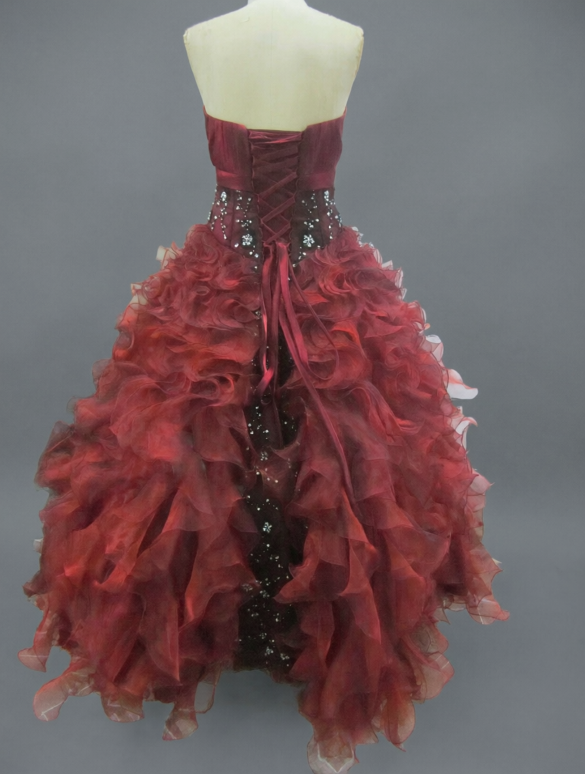 Red & Black Quinceanera Ball Gown | Strapless Ruffled Organza Dress with Crystal Beading