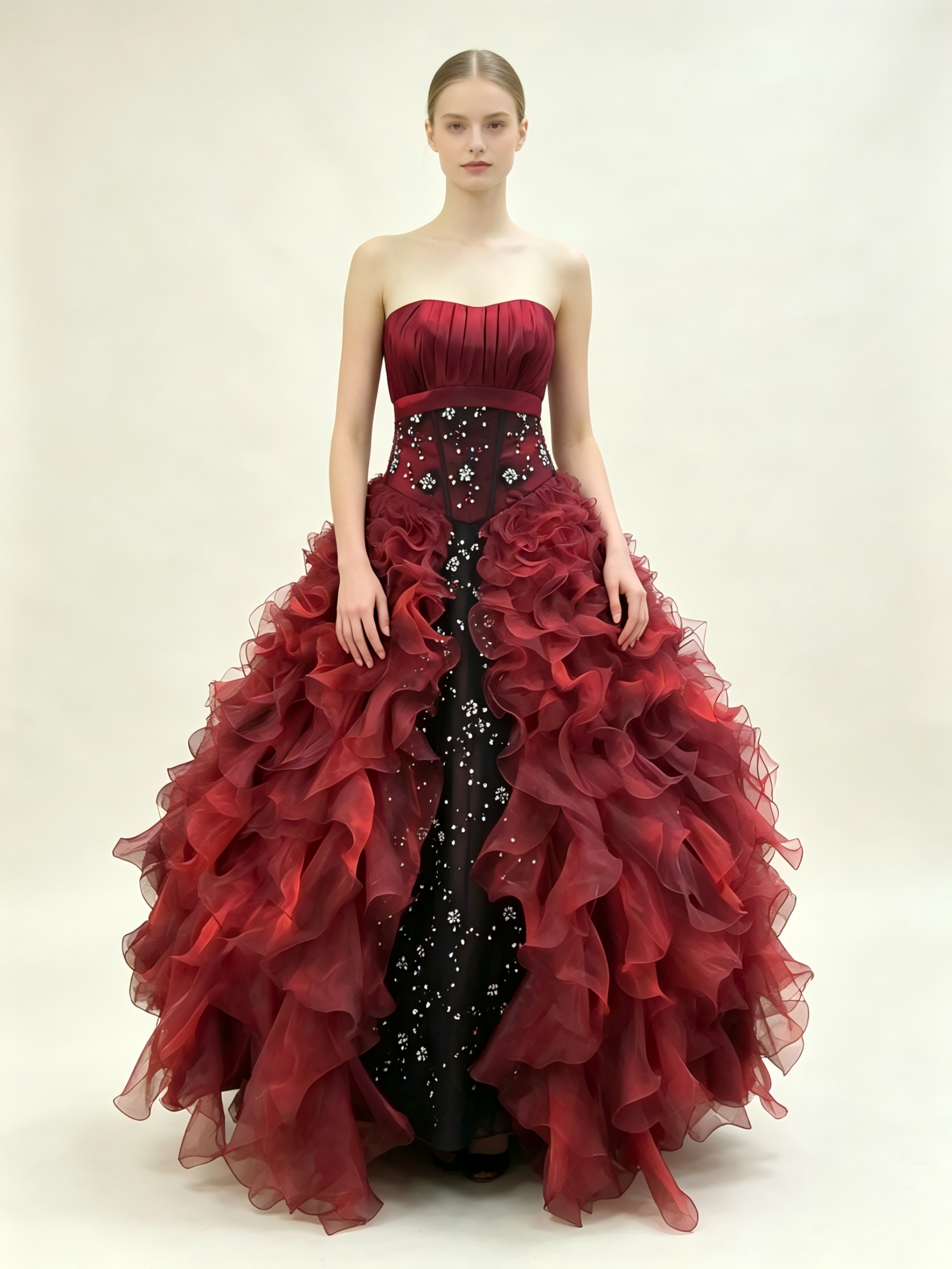 Red & Black Quinceanera Ball Gown | Strapless Ruffled Organza Dress with Crystal Beading