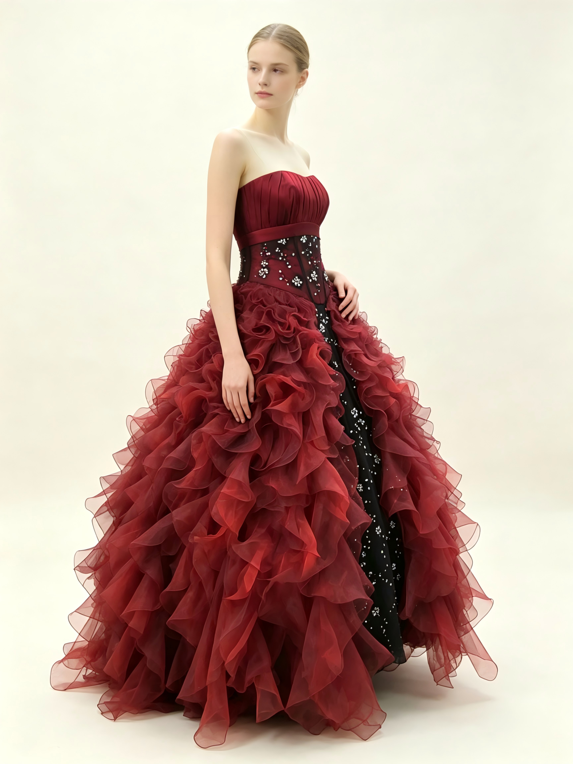 Red & Black Quinceanera Ball Gown | Strapless Ruffled Organza Dress with Crystal Beading