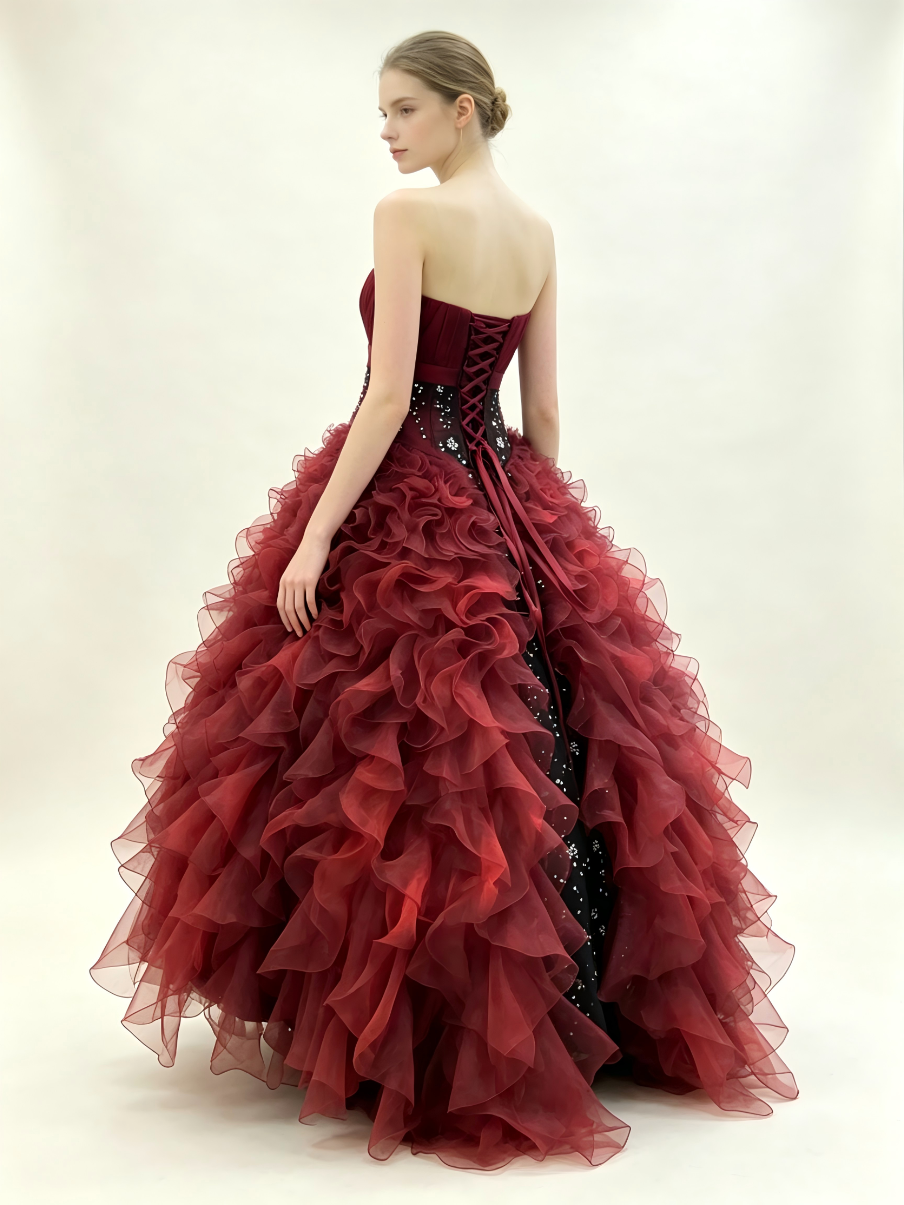 Red & Black Quinceanera Ball Gown | Strapless Ruffled Organza Dress with Crystal Beading