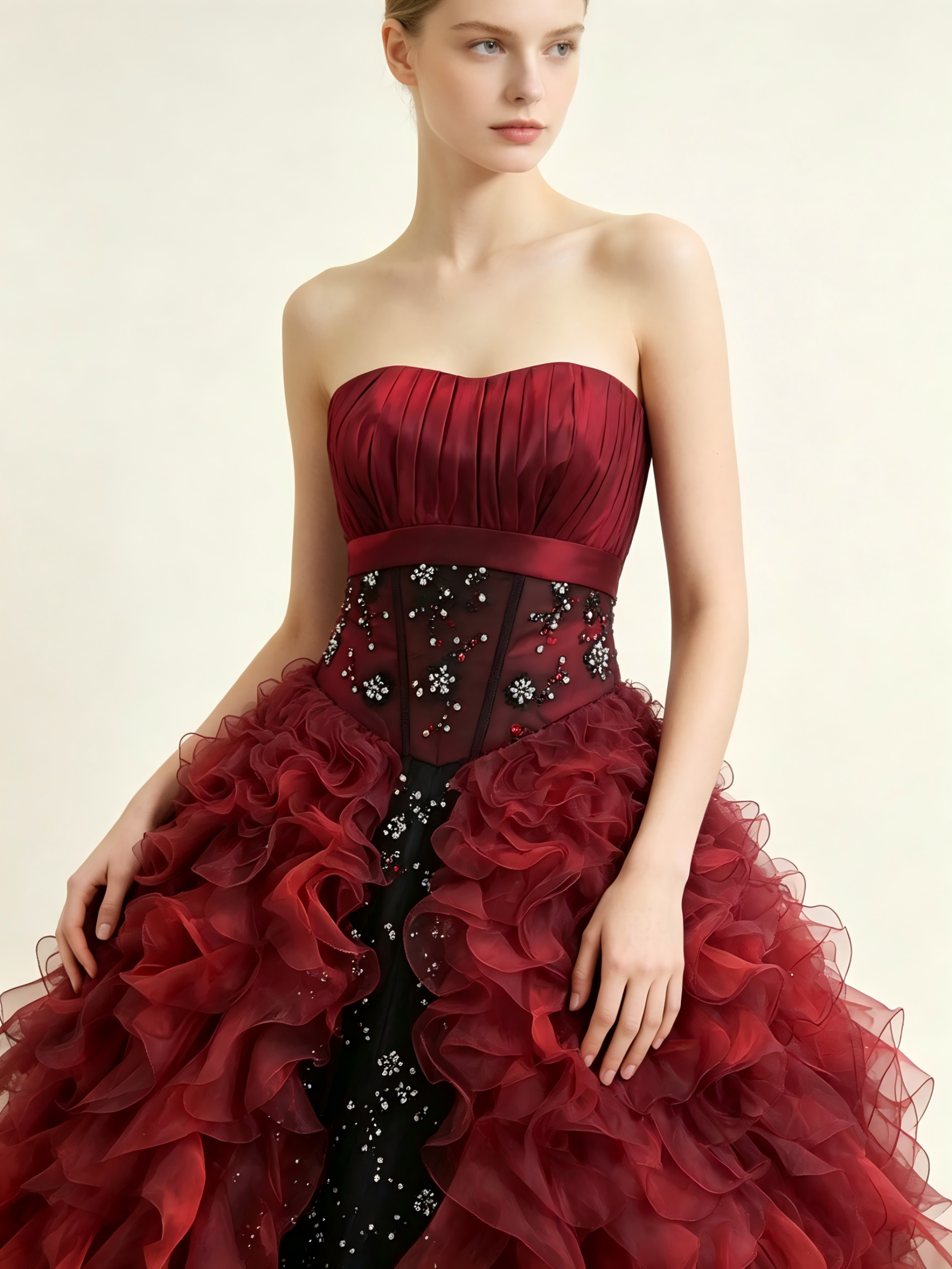 Red & Black Quinceanera Ball Gown | Strapless Ruffled Organza Dress with Crystal Beading