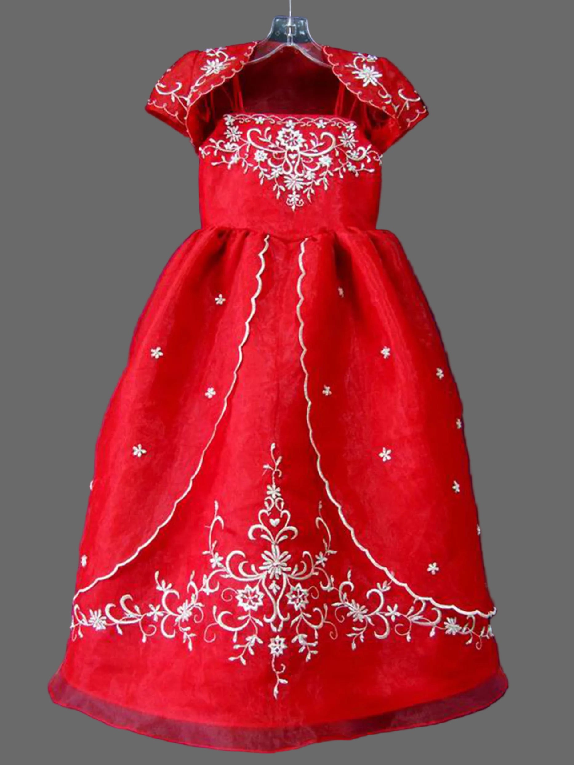 Red Embroidered Organza Flower Girl Dress with Gold Floral Embroidery | A-Line Cap Sleeve Girls Gown