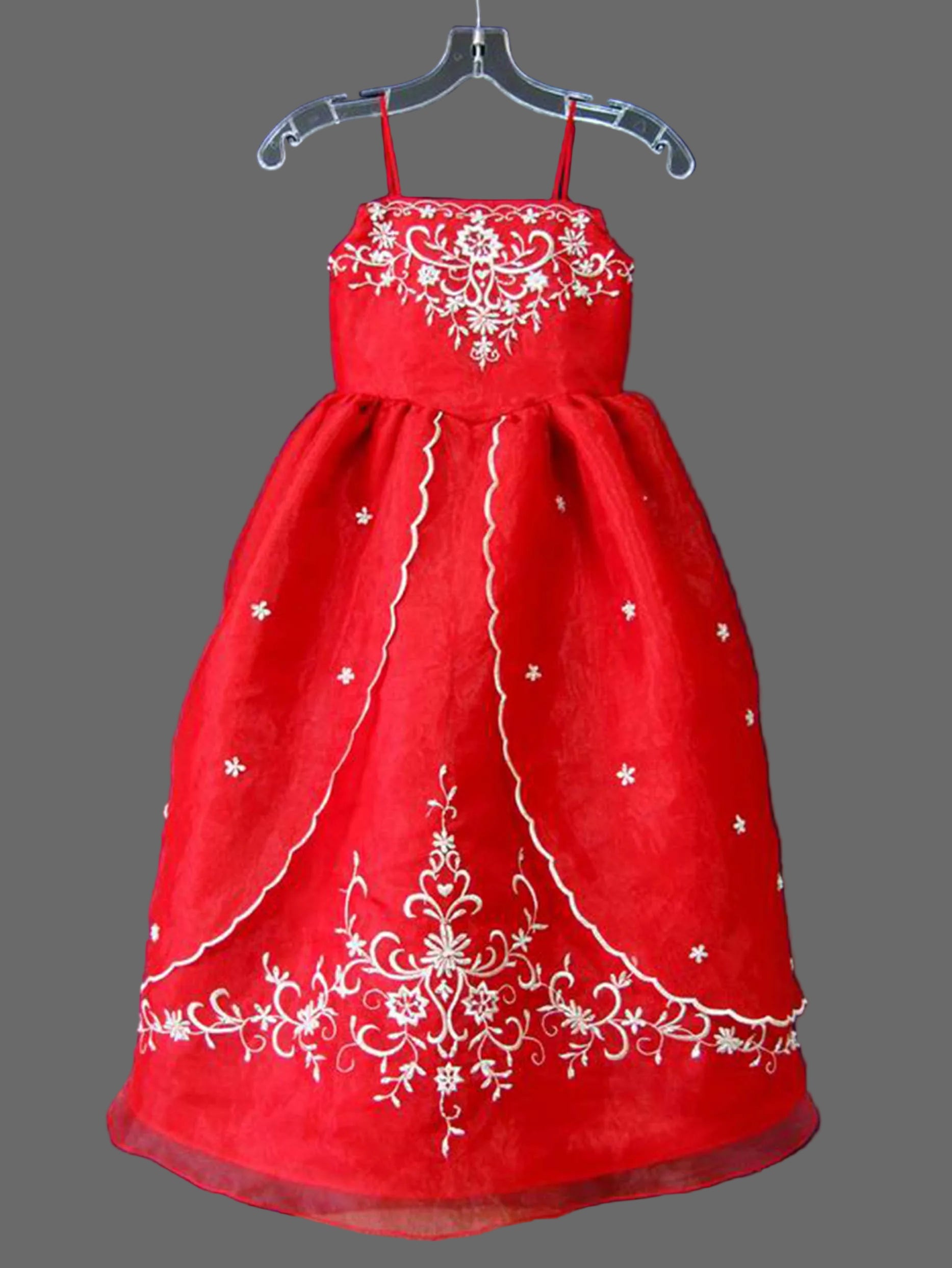 Red Embroidered Organza Flower Girl Dress with Gold Floral Embroidery | A-Line Cap Sleeve Girls Gown