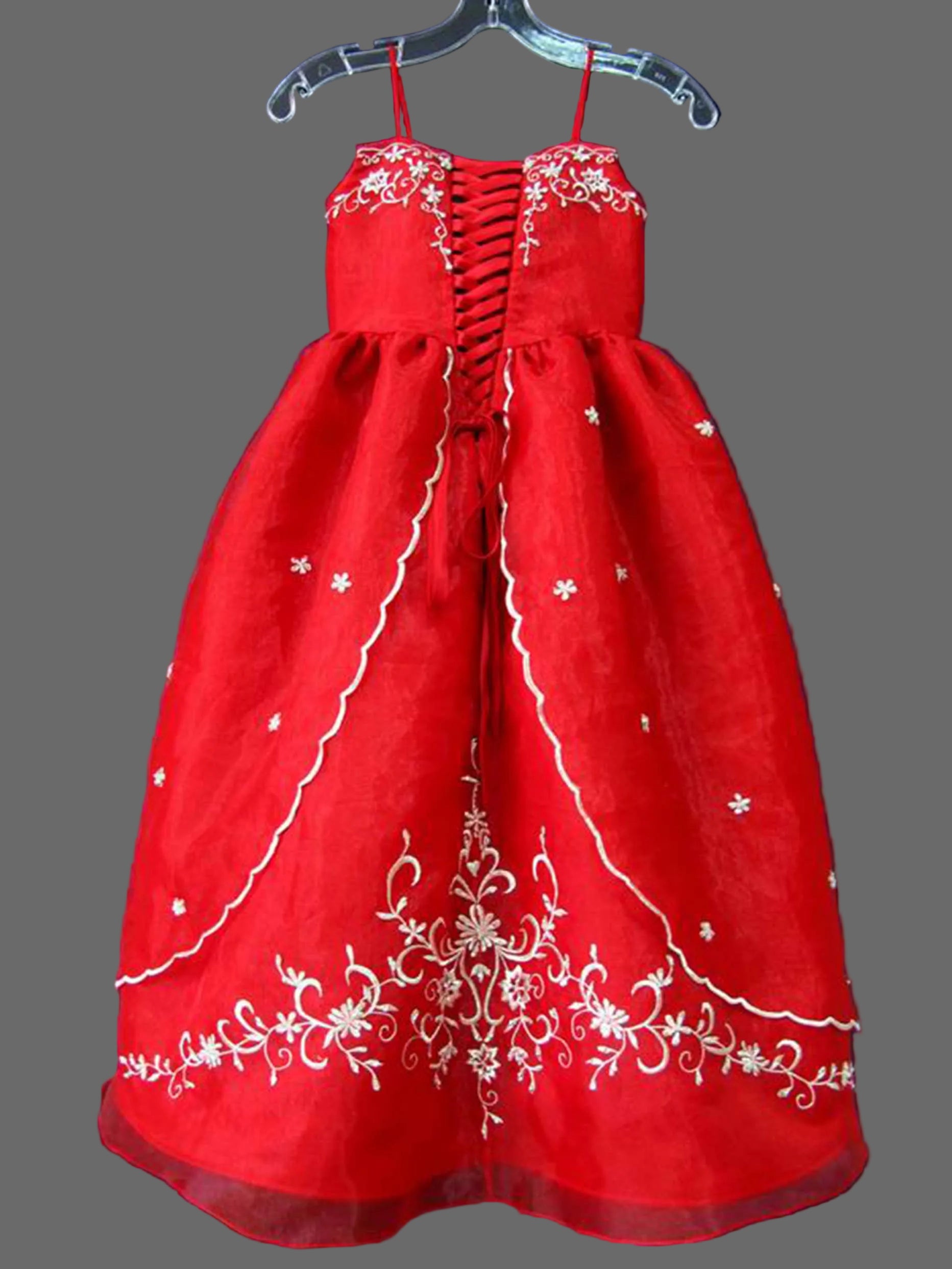 Red Embroidered Organza Flower Girl Dress with Gold Floral Embroidery | A-Line Cap Sleeve Girls Gown