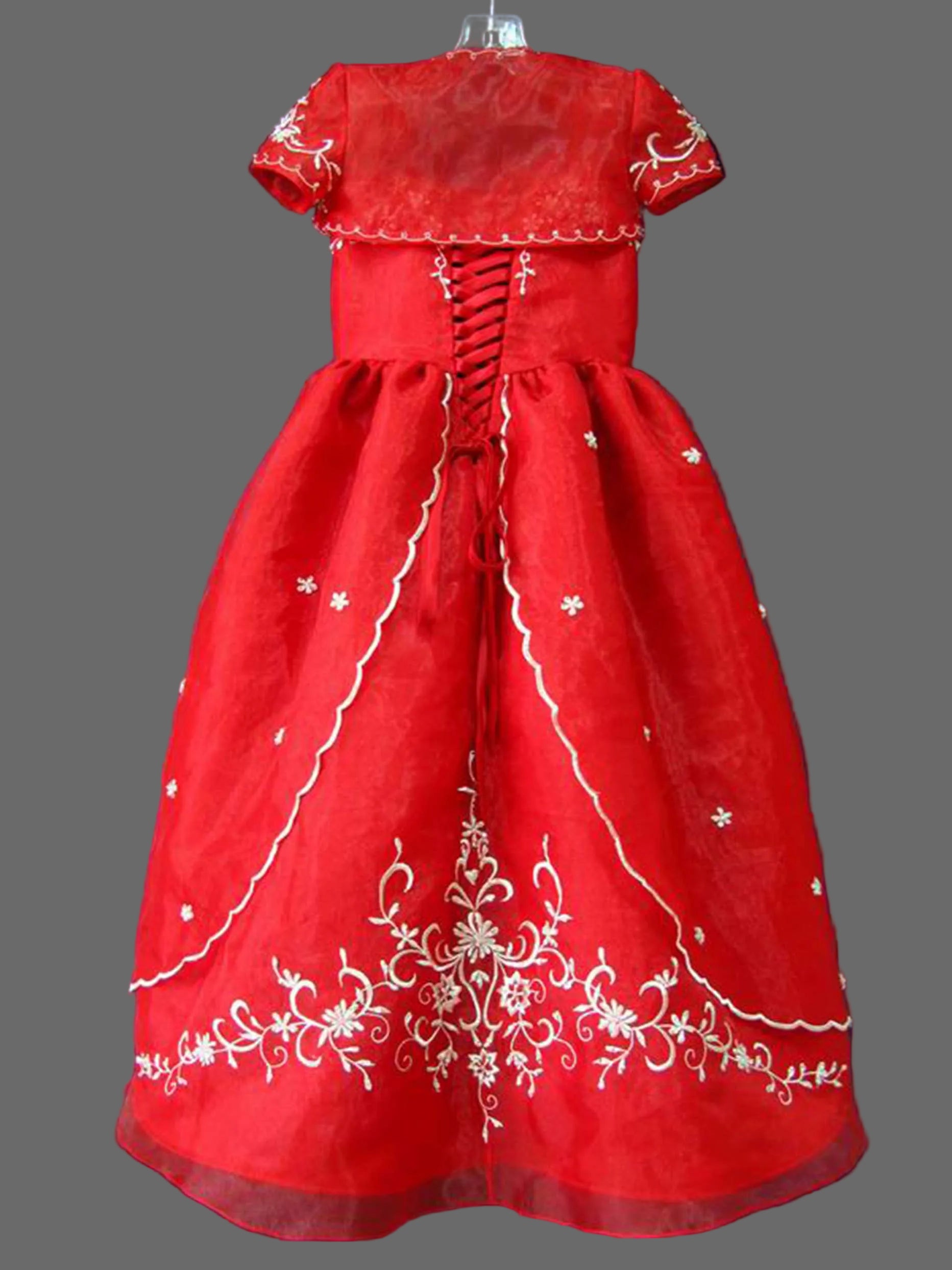 Red Embroidered Organza Flower Girl Dress with Gold Floral Embroidery | A-Line Cap Sleeve Girls Gown