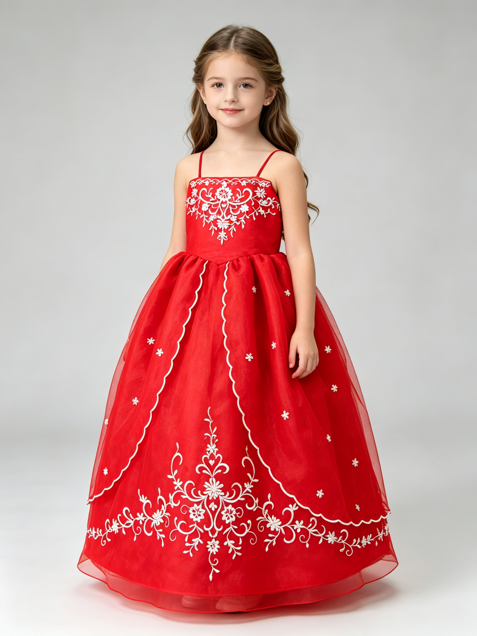Red Embroidered Organza Flower Girl Dress with Gold Floral Embroidery | A-Line Cap Sleeve Girls Gown