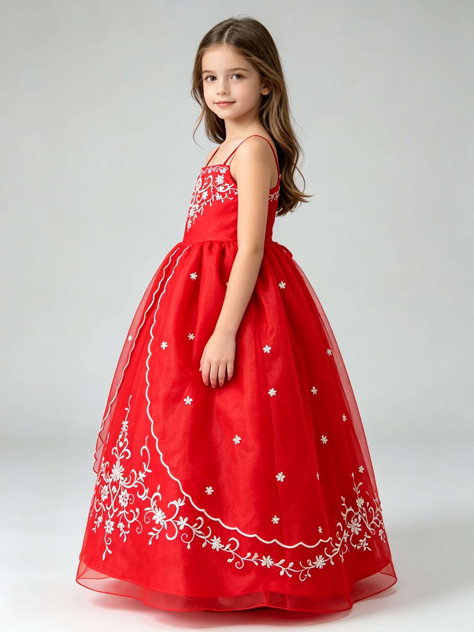 Red Embroidered Organza Flower Girl Dress with Gold Floral Embroidery | A-Line Cap Sleeve Girls Gown