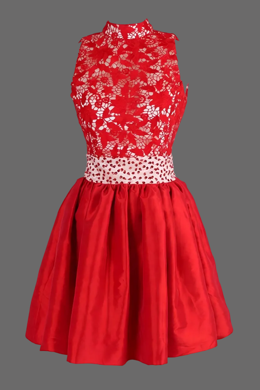 Red Lace Cocktail Dress with Beaded Waist - Sleeveless A-Line Party Dress