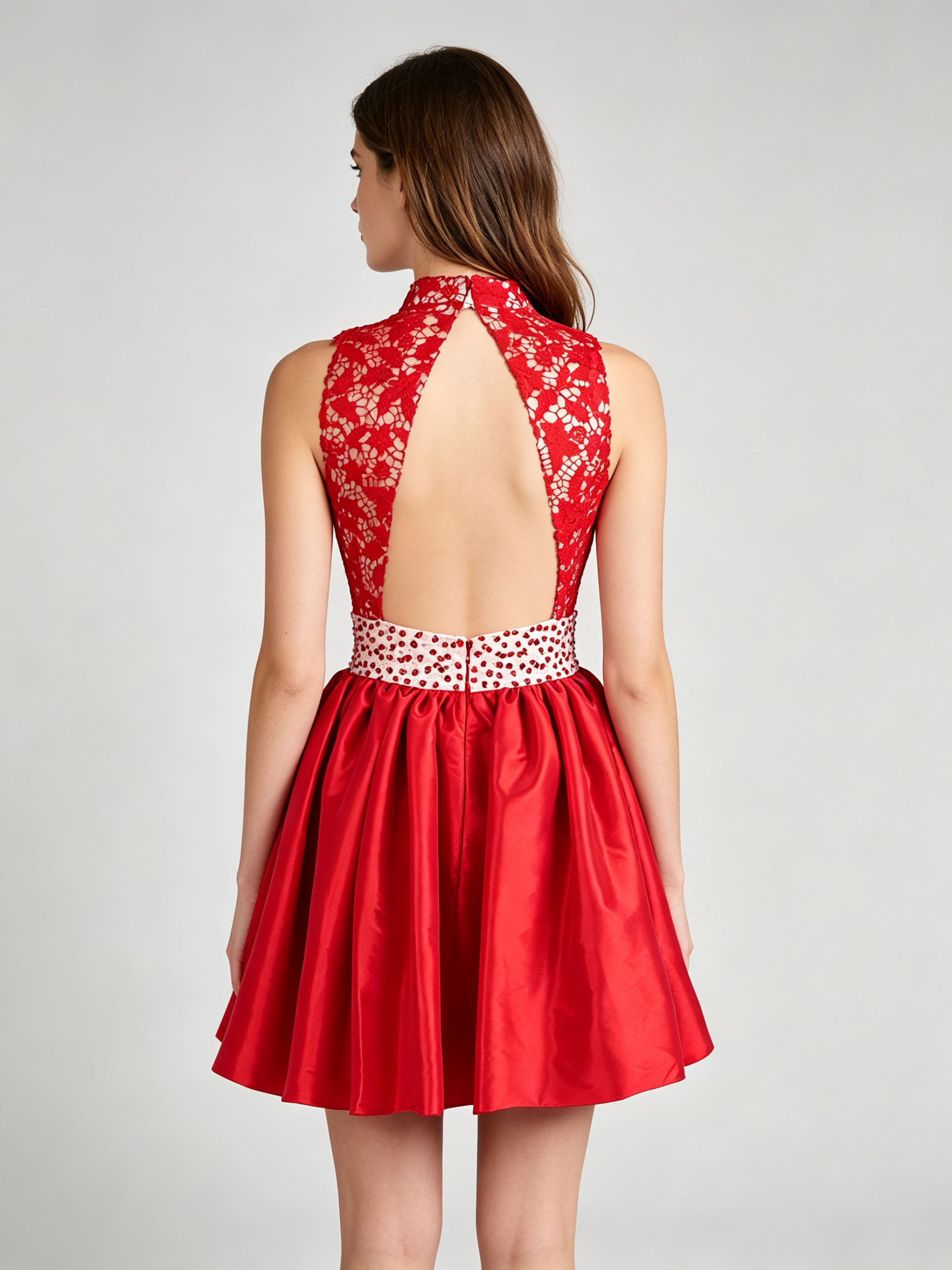 Red Lace Cocktail Dress with Beaded Waist - Sleeveless A-Line Party Dress