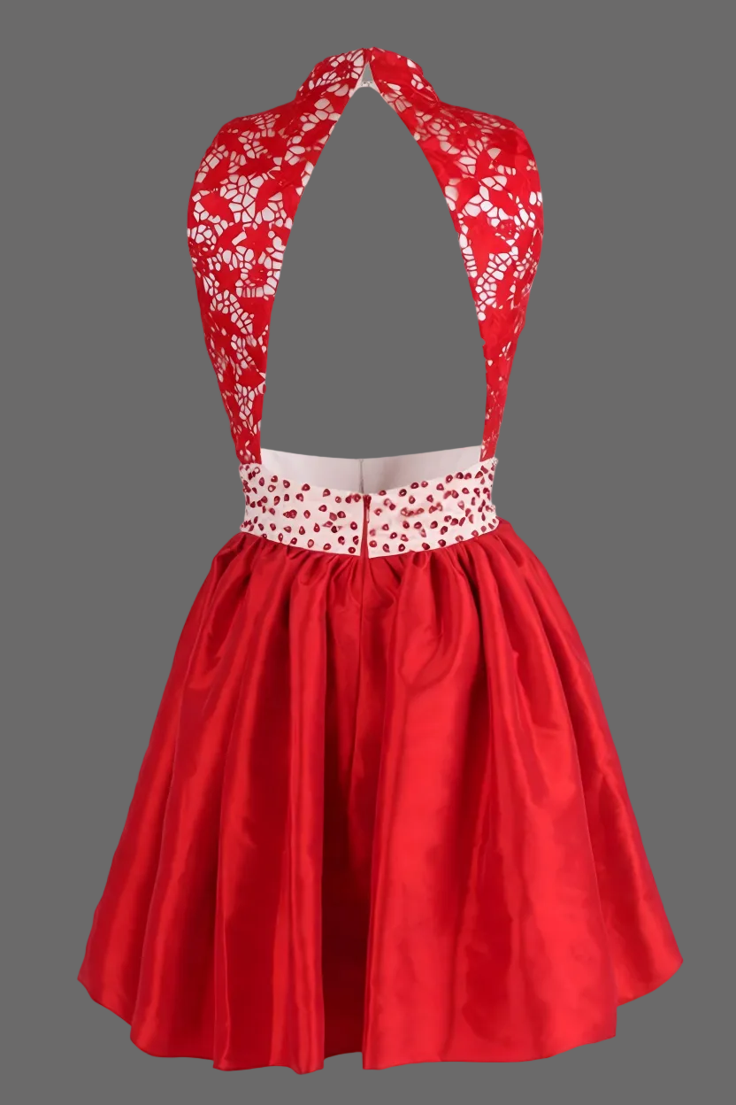 Red Lace Cocktail Dress with Beaded Waist - Sleeveless A-Line Party Dress