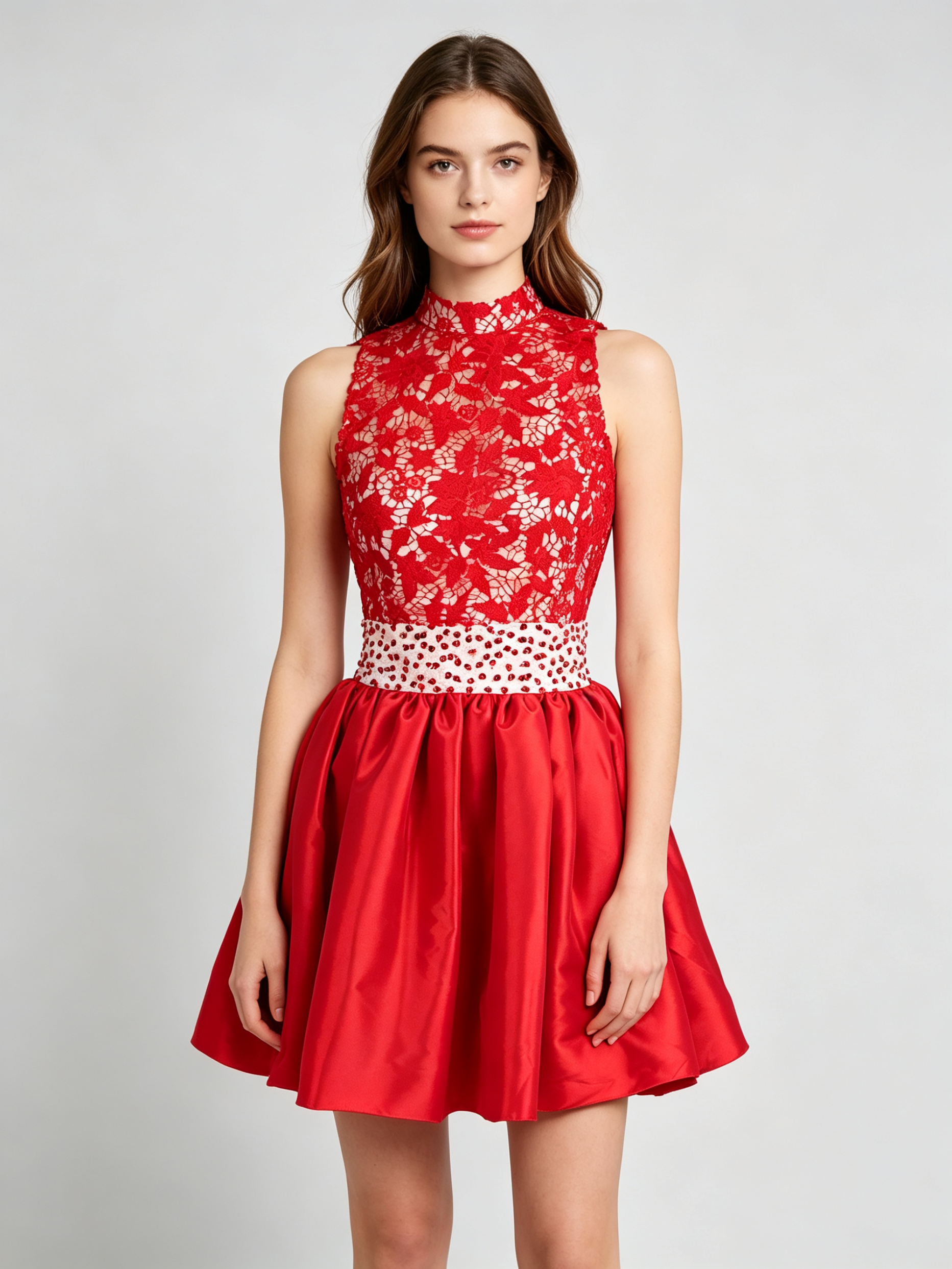 Red Lace Cocktail Dress with Beaded Waist - Sleeveless A-Line Party Dress