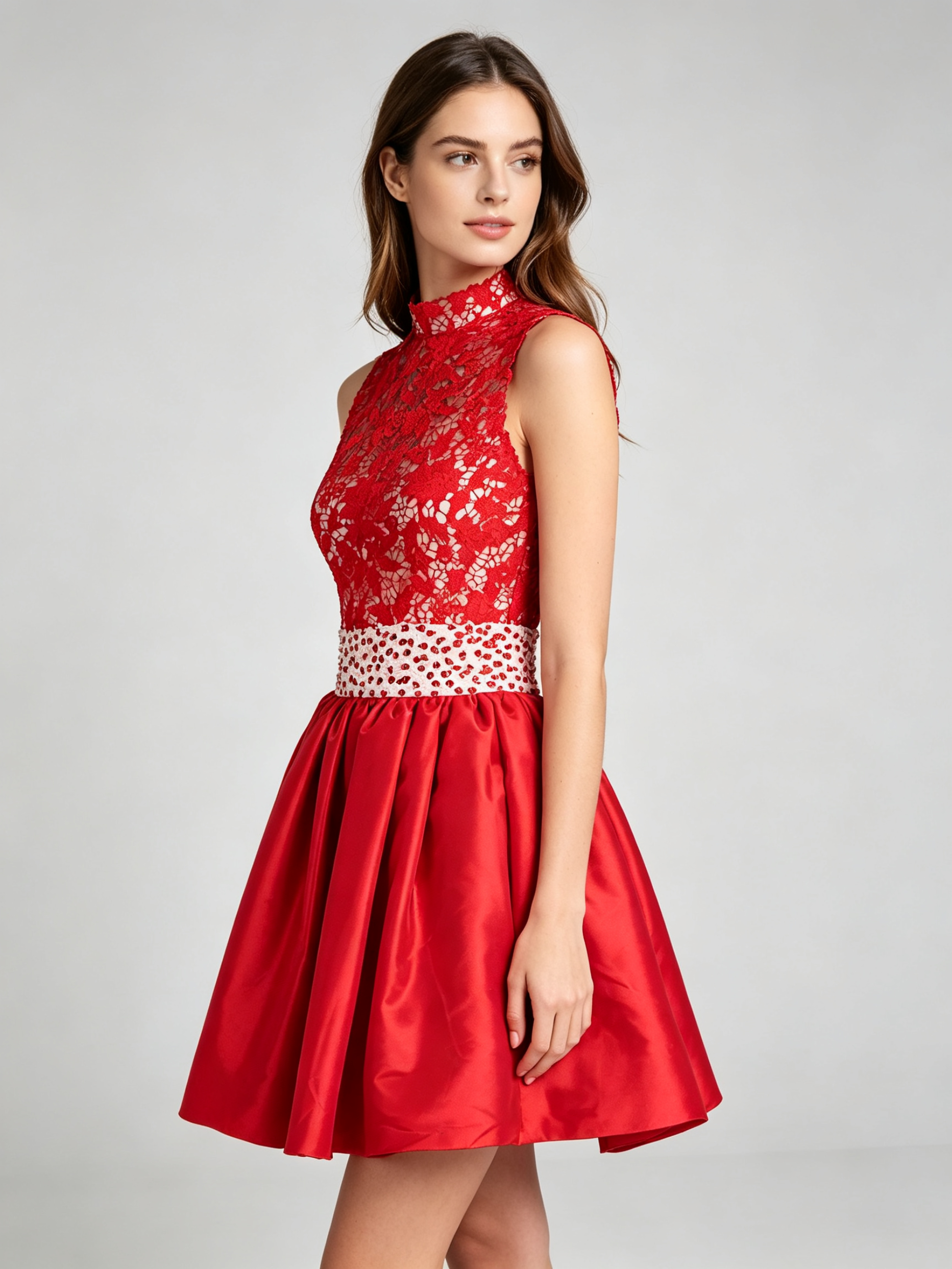 Red Lace Cocktail Dress with Beaded Waist - Sleeveless A-Line Party Dress