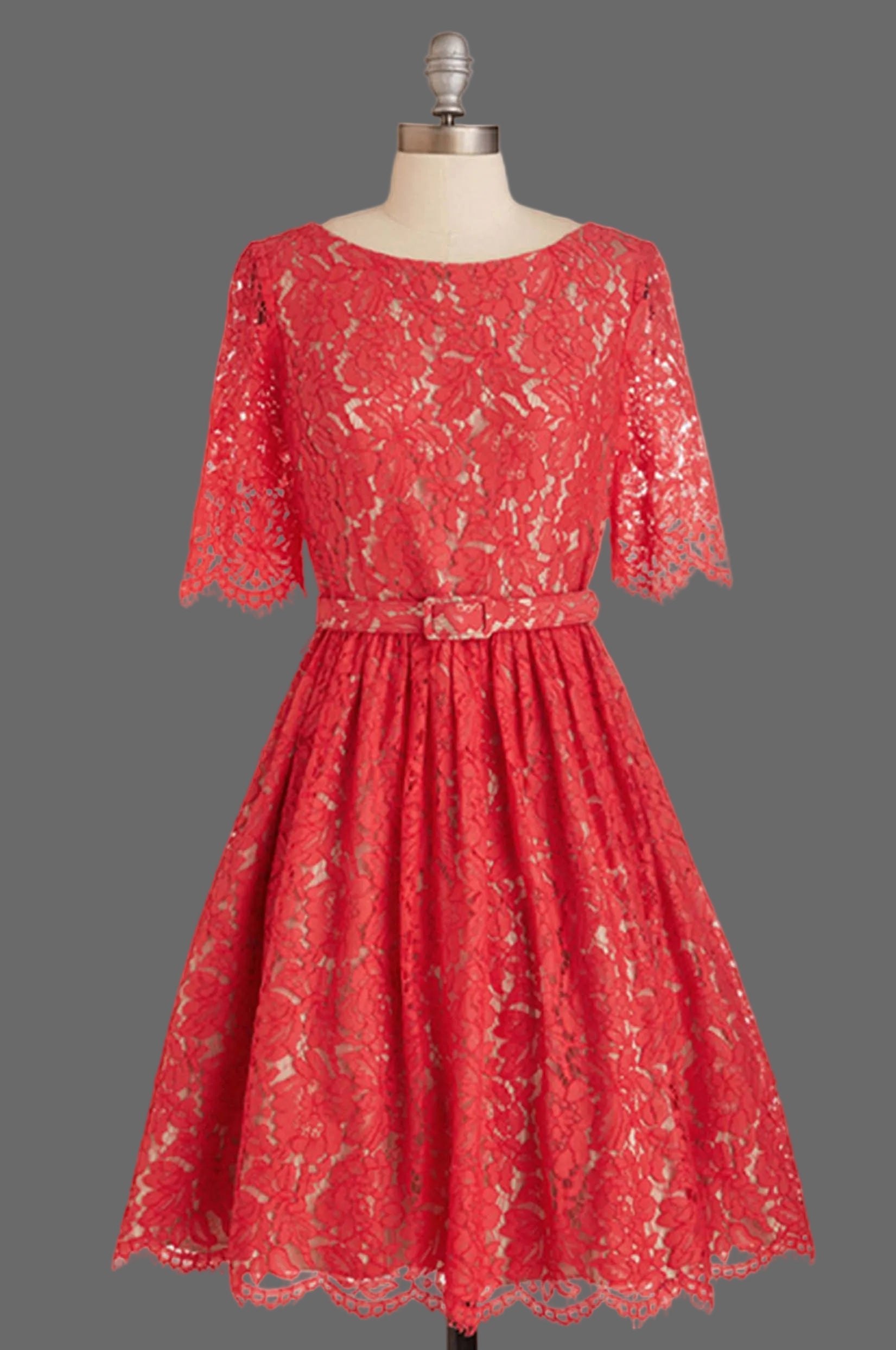 Red Lace Cocktail Dress with Half Sleeves and Scalloped Hem - A-Line Party Dress