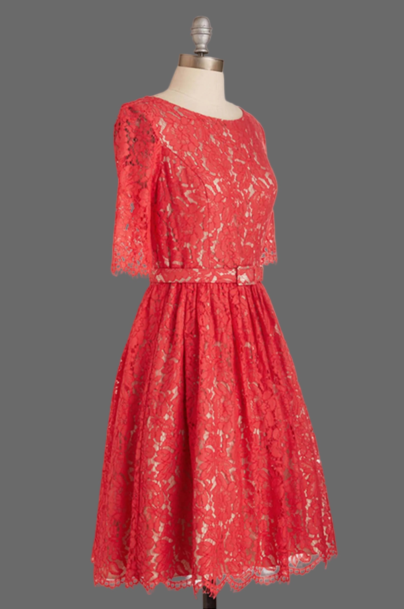 Red Lace Cocktail Dress with Half Sleeves and Scalloped Hem - A-Line Party Dress