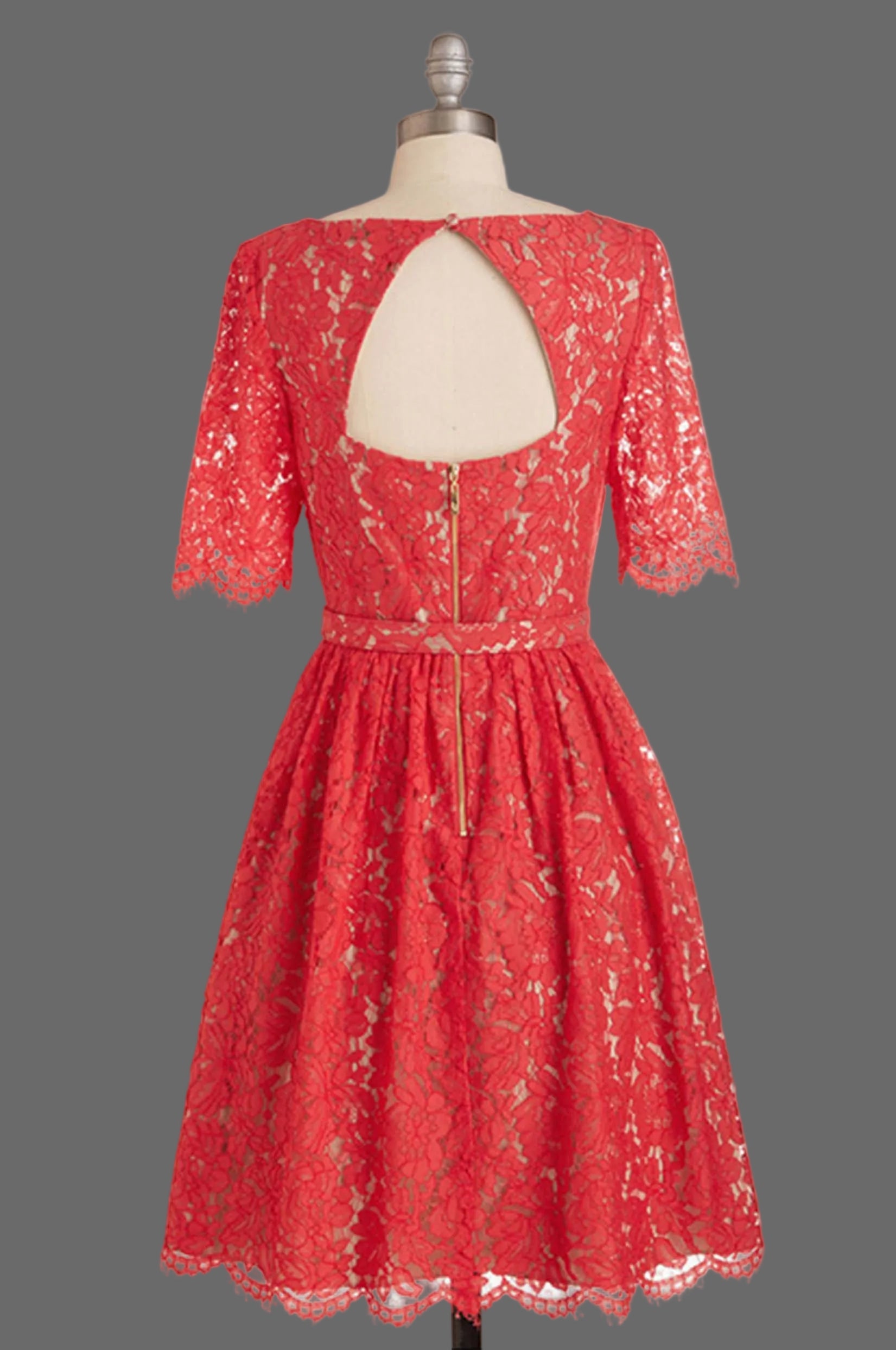 Red Lace Cocktail Dress with Half Sleeves and Scalloped Hem - A-Line Party Dress