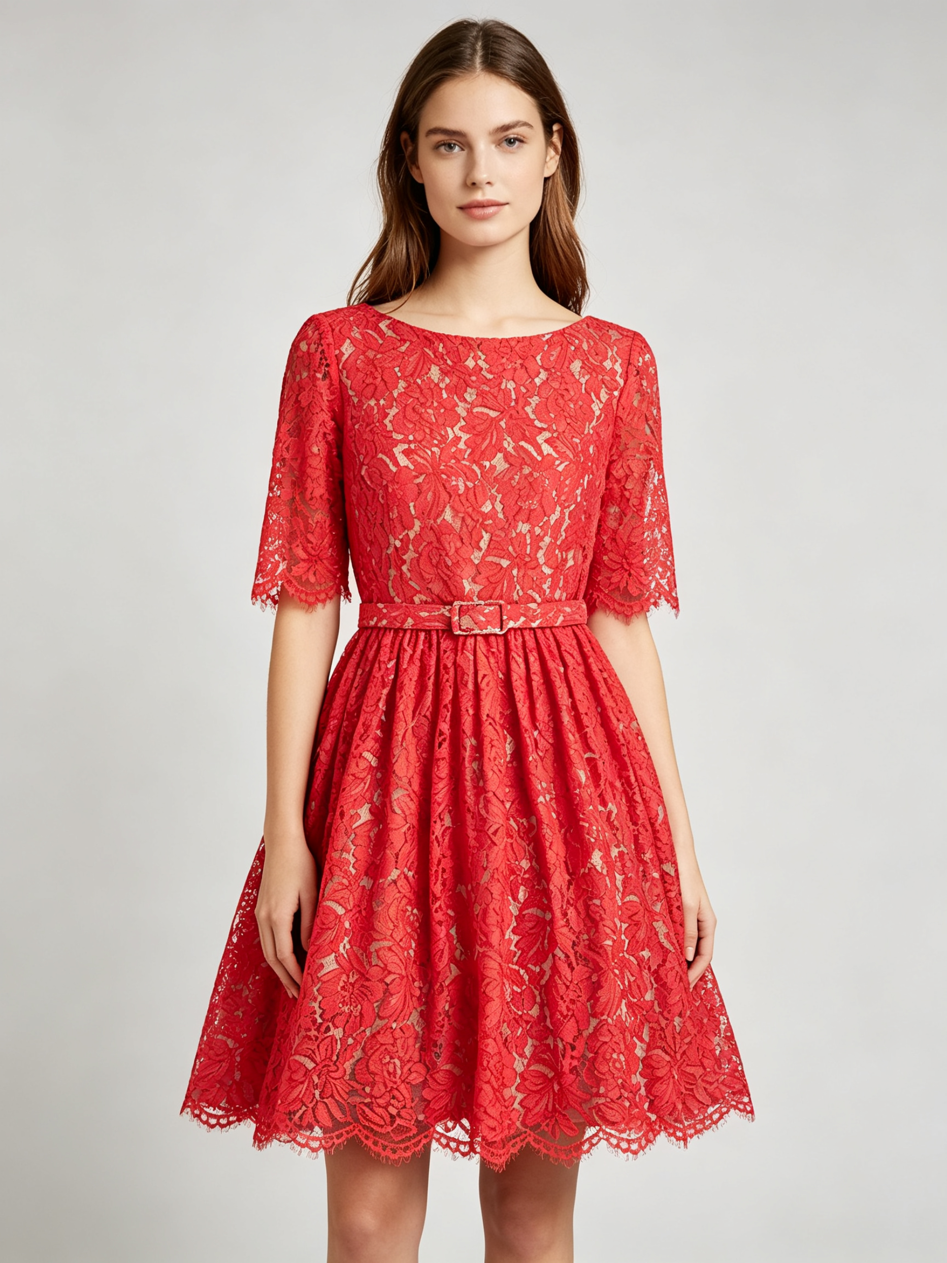 Red Lace Cocktail Dress with Half Sleeves and Scalloped Hem - A-Line Party Dress