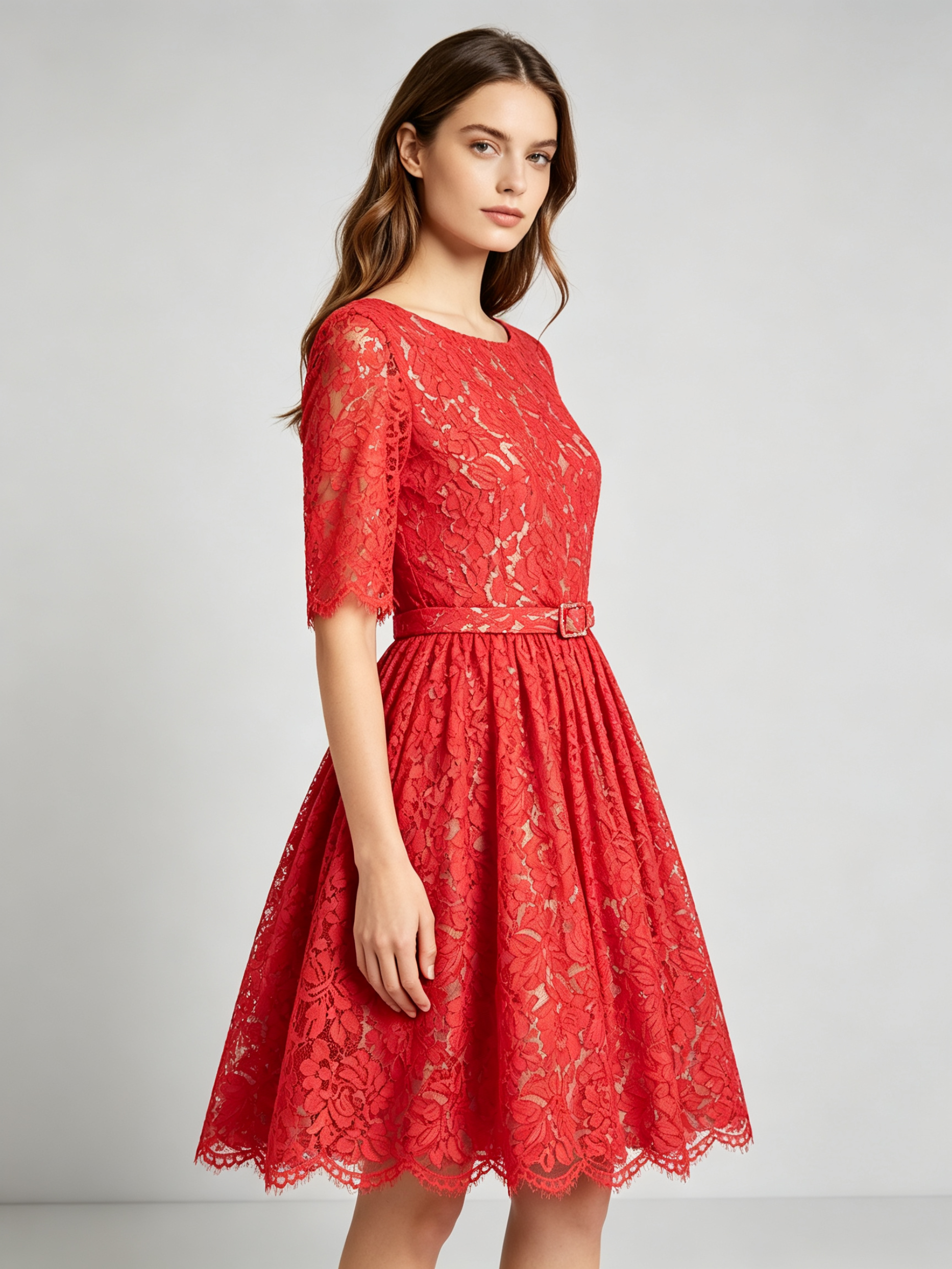 Red Lace Cocktail Dress with Half Sleeves and Scalloped Hem - A-Line Party Dress