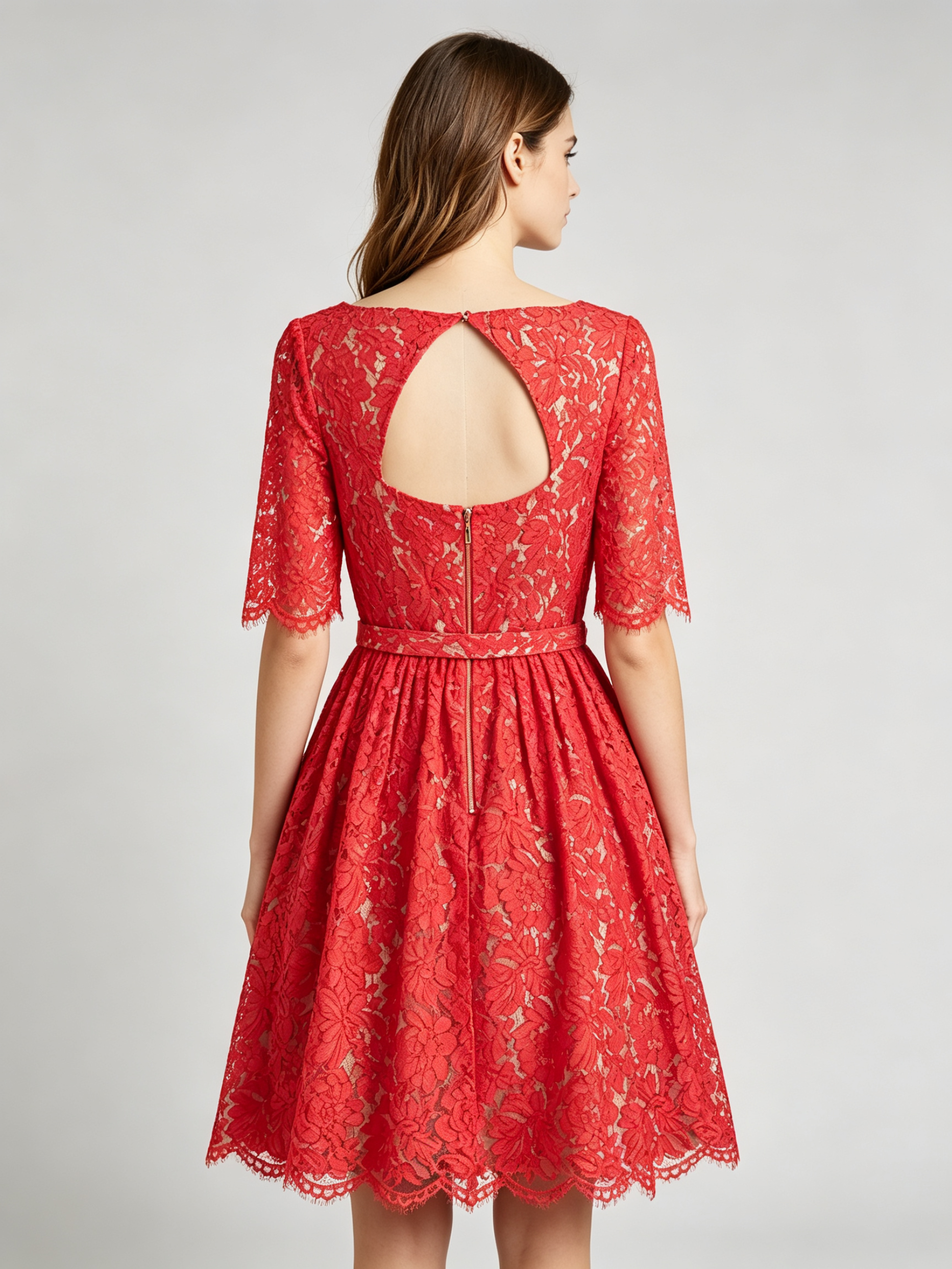 Red Lace Cocktail Dress with Half Sleeves and Scalloped Hem - A-Line Party Dress