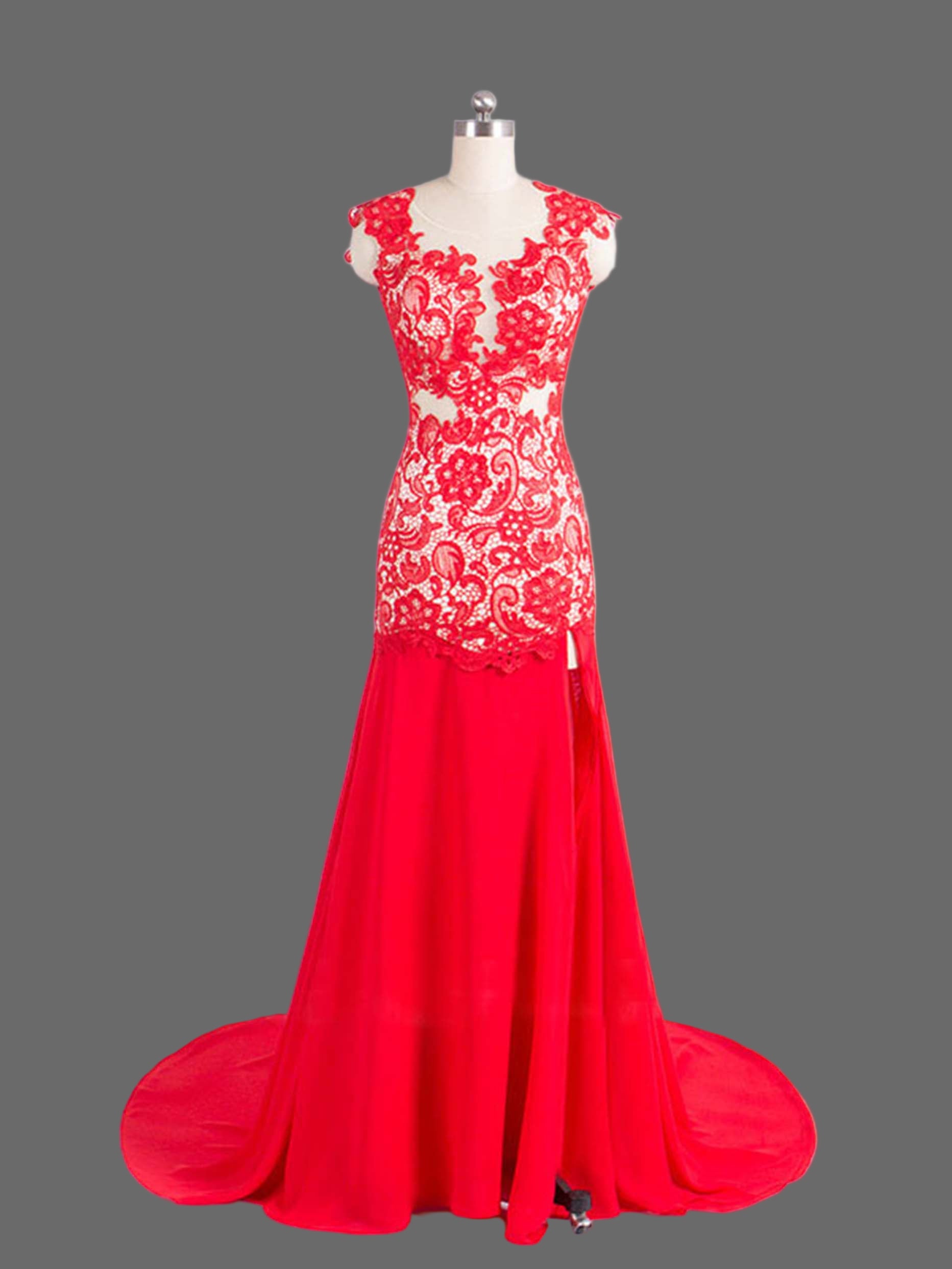 Red Lace Mermaid Evening Gown - Illusion Neckline Formal Dress with Train