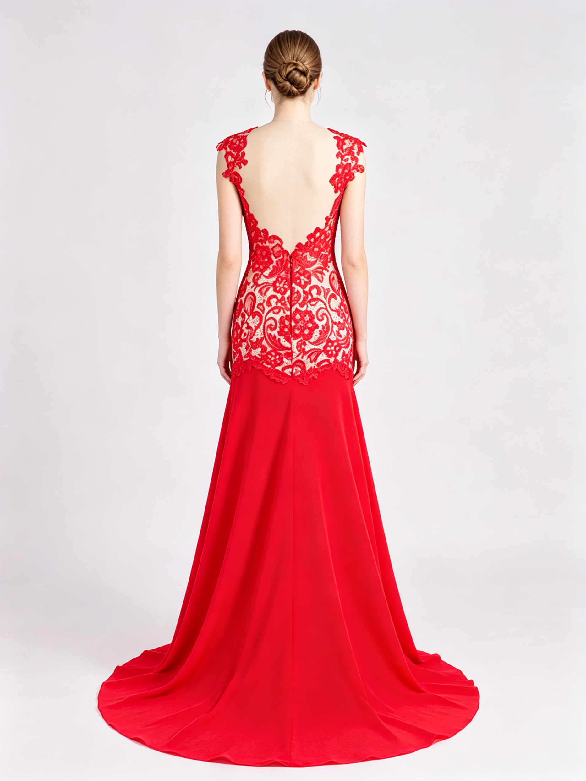 Red Lace Mermaid Evening Gown - Illusion Neckline Formal Dress with Train