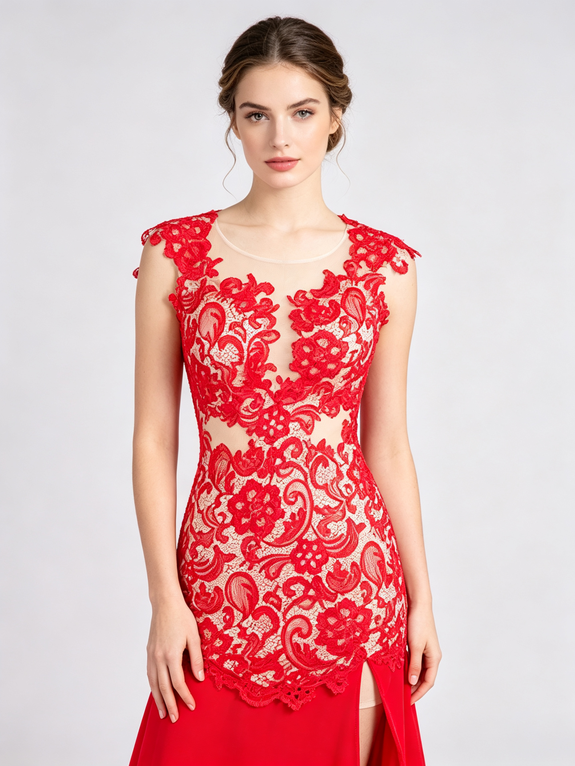 Red Lace Mermaid Evening Gown - Illusion Neckline Formal Dress with Train