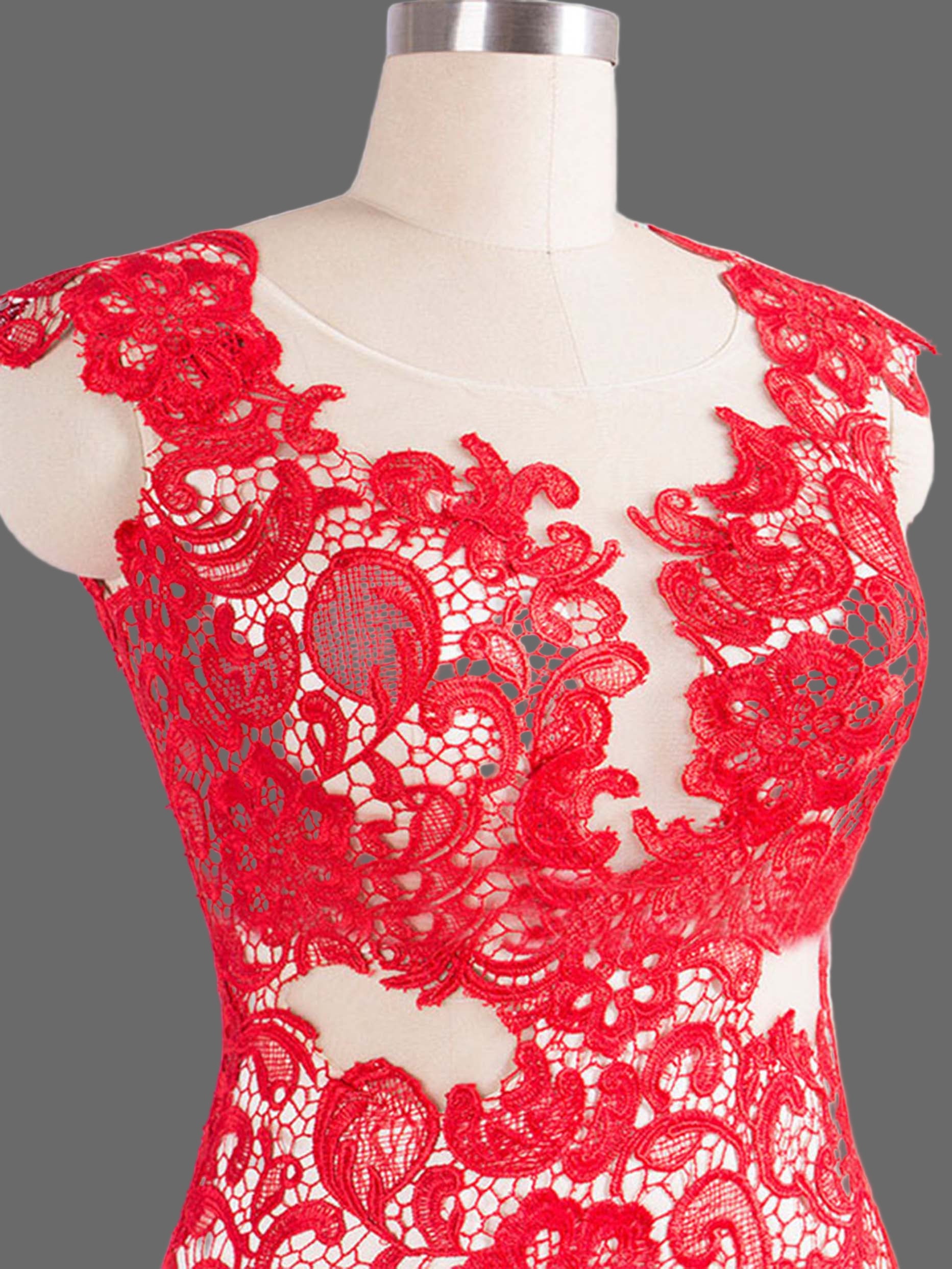 Red Lace Mermaid Evening Gown - Illusion Neckline Formal Dress with Train