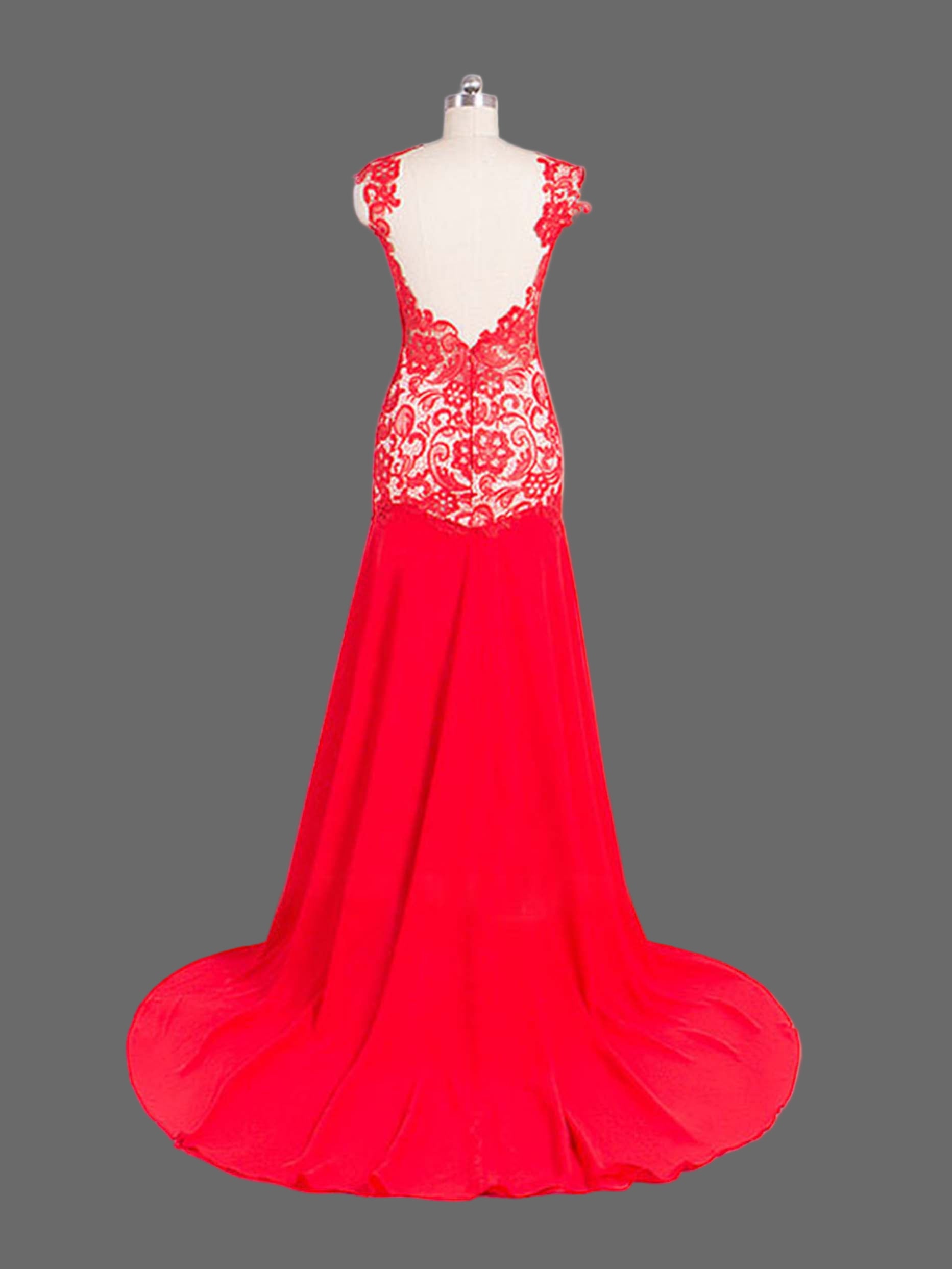 Red Lace Mermaid Evening Gown - Illusion Neckline Formal Dress with Train