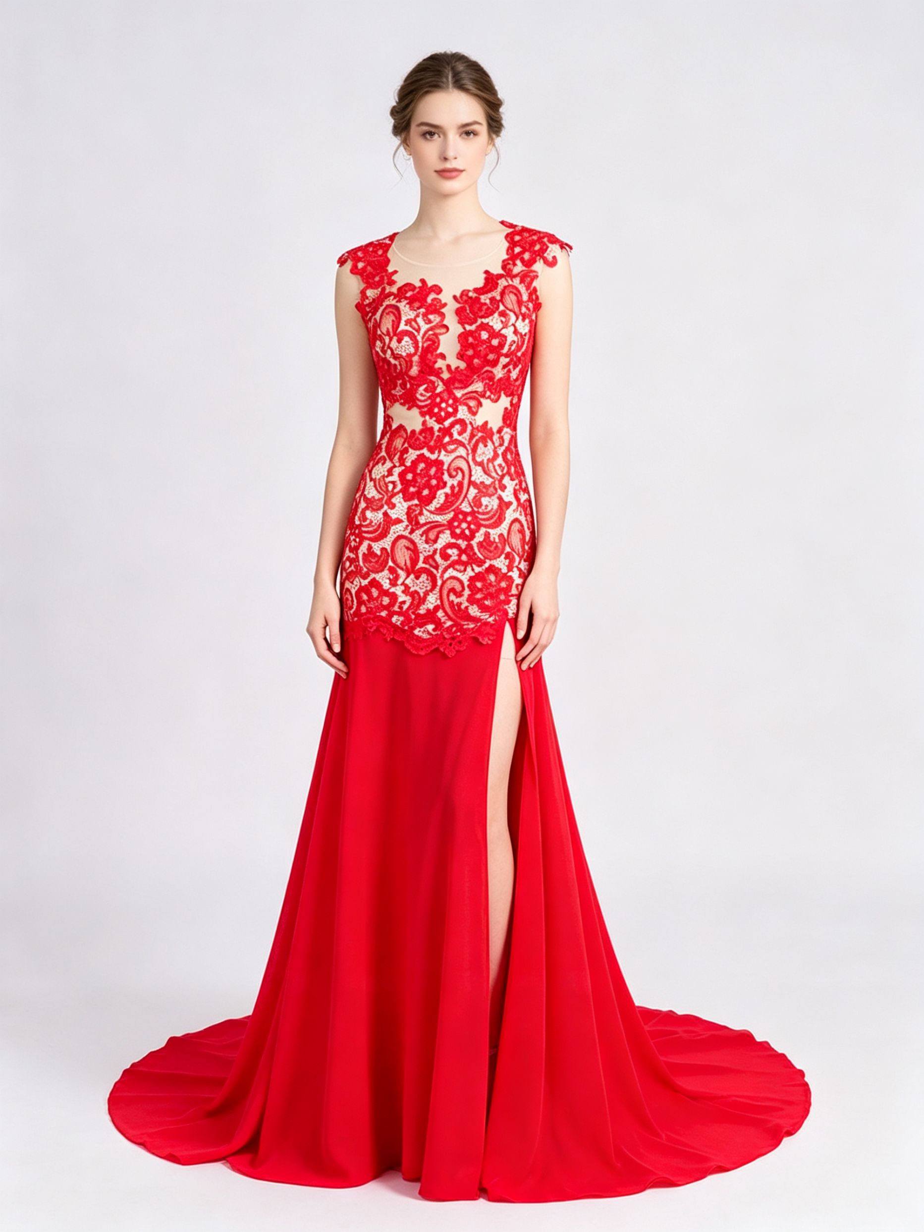 Red Lace Mermaid Evening Gown - Illusion Neckline Formal Dress with Train