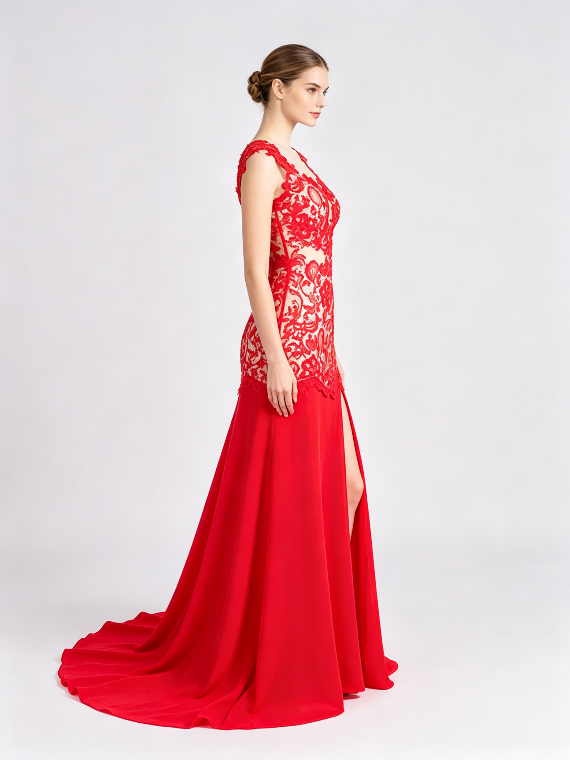 Red Lace Mermaid Evening Gown - Illusion Neckline Formal Dress with Train