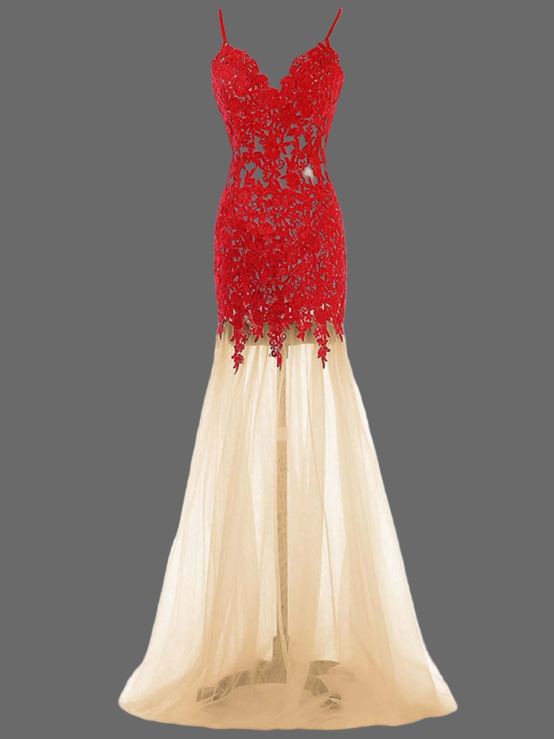 Red Lace Mermaid Evening Gown - Spaghetti Strap Formal Dress with Tulle Skirt