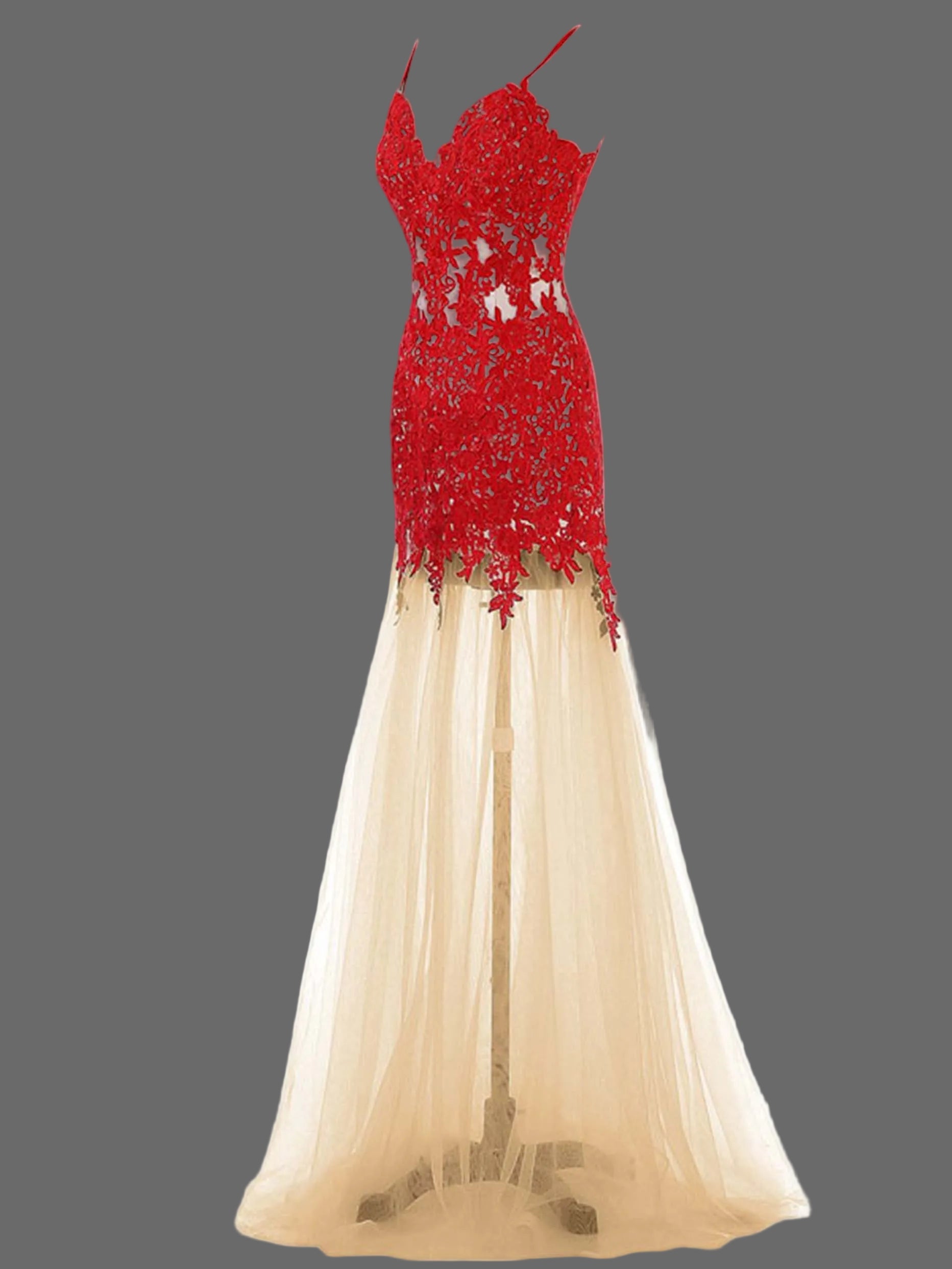 Red Lace Mermaid Evening Gown - Spaghetti Strap Formal Dress with Tulle Skirt