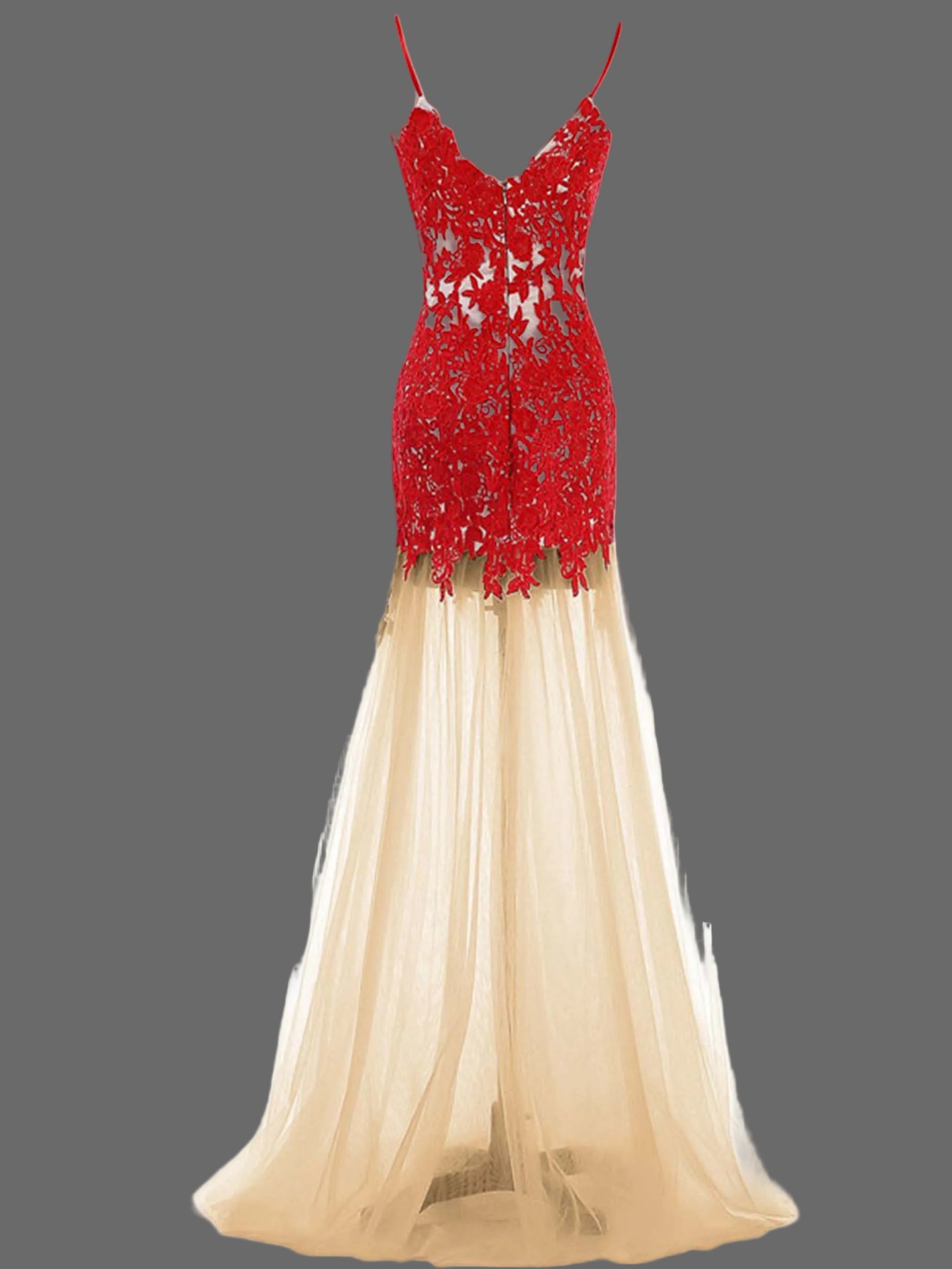 Red Lace Mermaid Evening Gown - Spaghetti Strap Formal Dress with Tulle Skirt