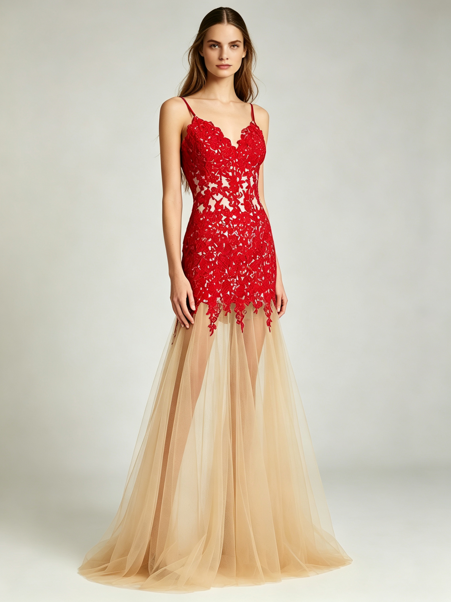 Red Lace Mermaid Evening Gown - Spaghetti Strap Formal Dress with Tulle Skirt