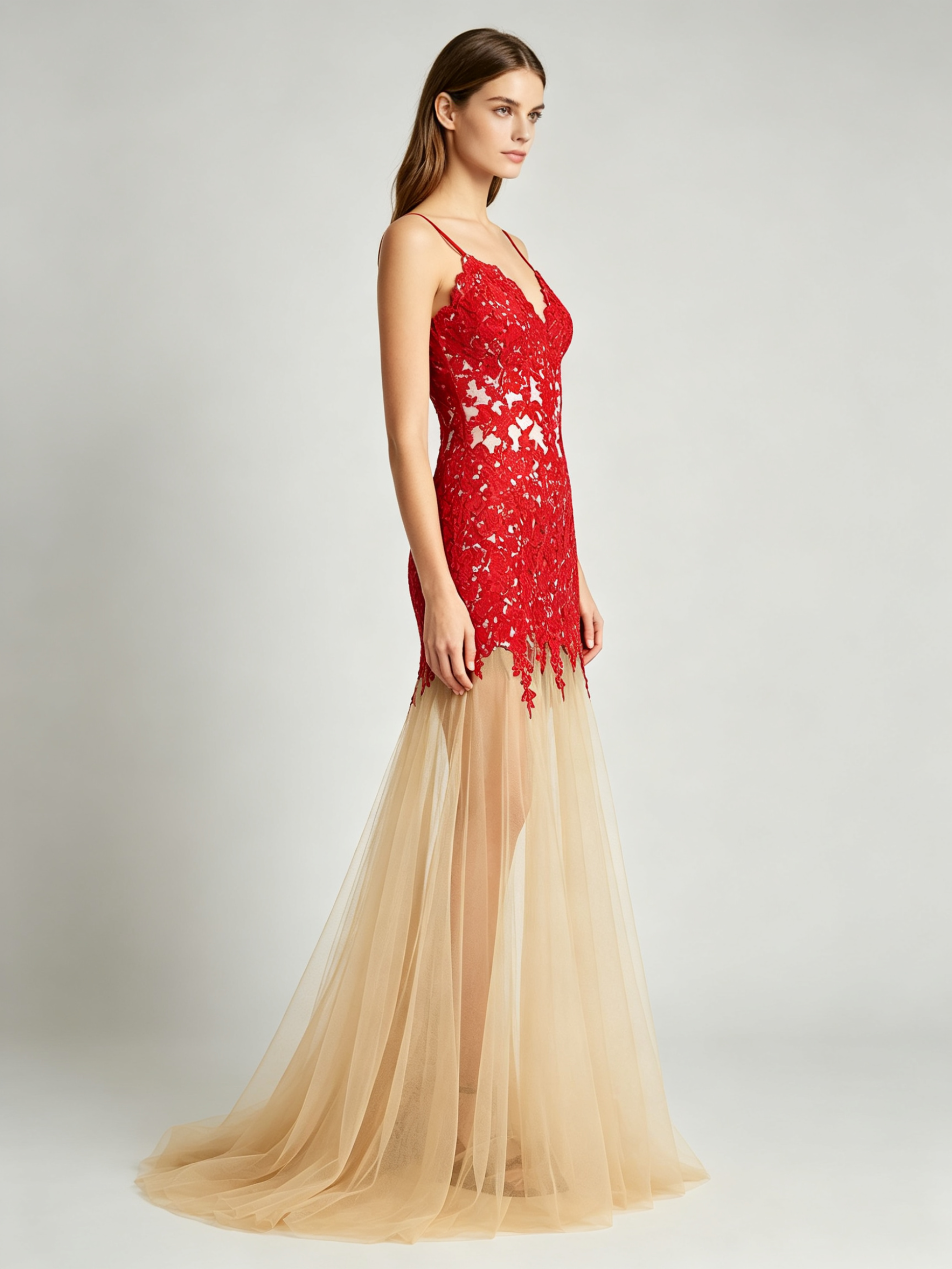 Red Lace Mermaid Evening Gown - Spaghetti Strap Formal Dress with Tulle Skirt