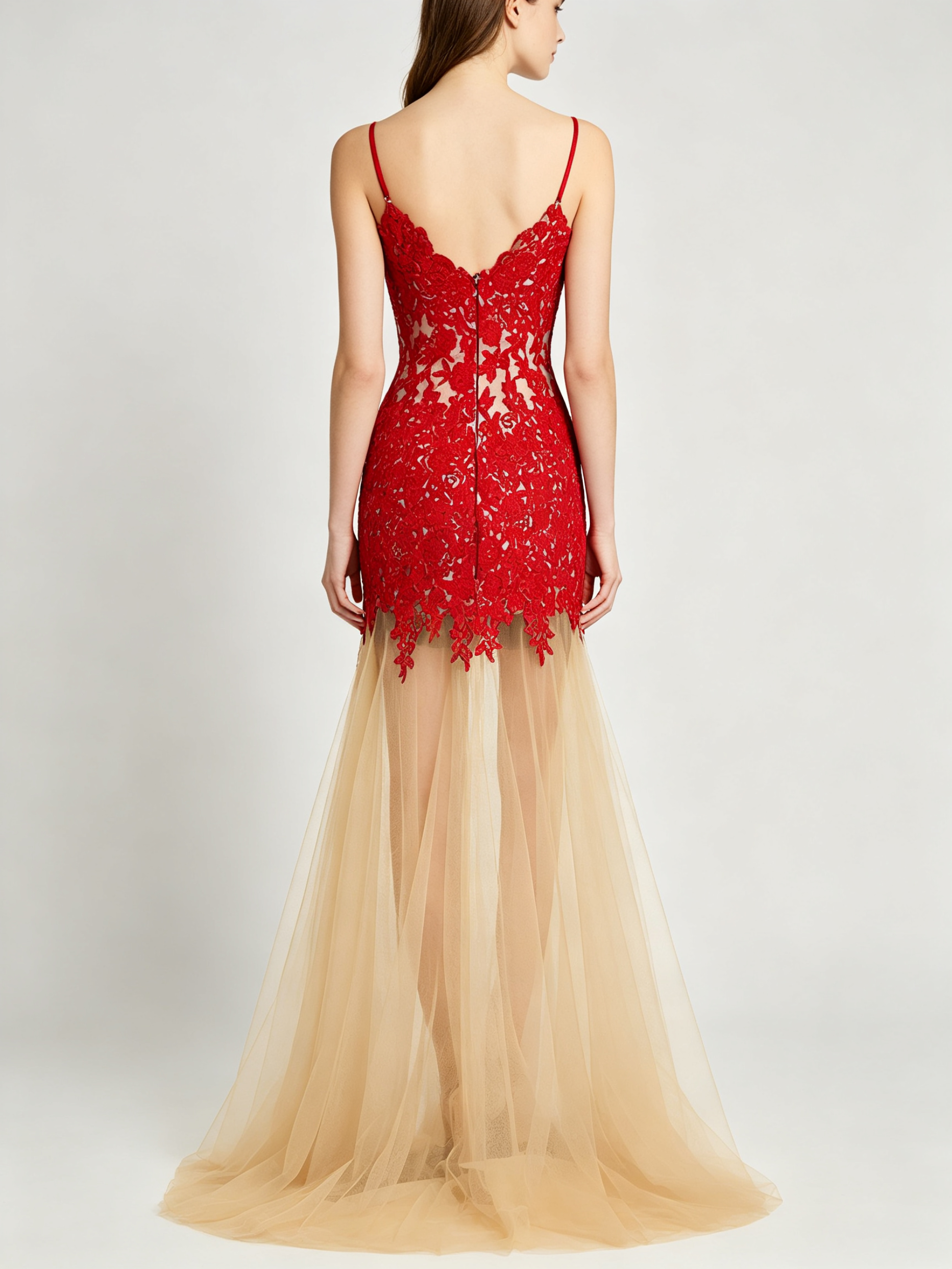 Red Lace Mermaid Evening Gown - Spaghetti Strap Formal Dress with Tulle Skirt
